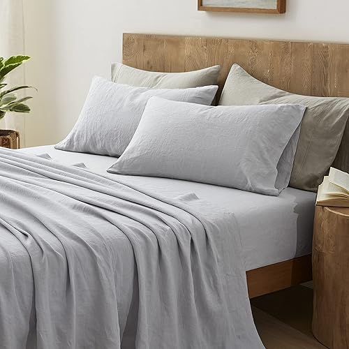 Miniatura 9 de ATLINIA Juego de sábanas de lino para cama  Sábanas 100% de lino francés, tamaño California King, ropa de cama de lino orgánico Farmhouse Boho