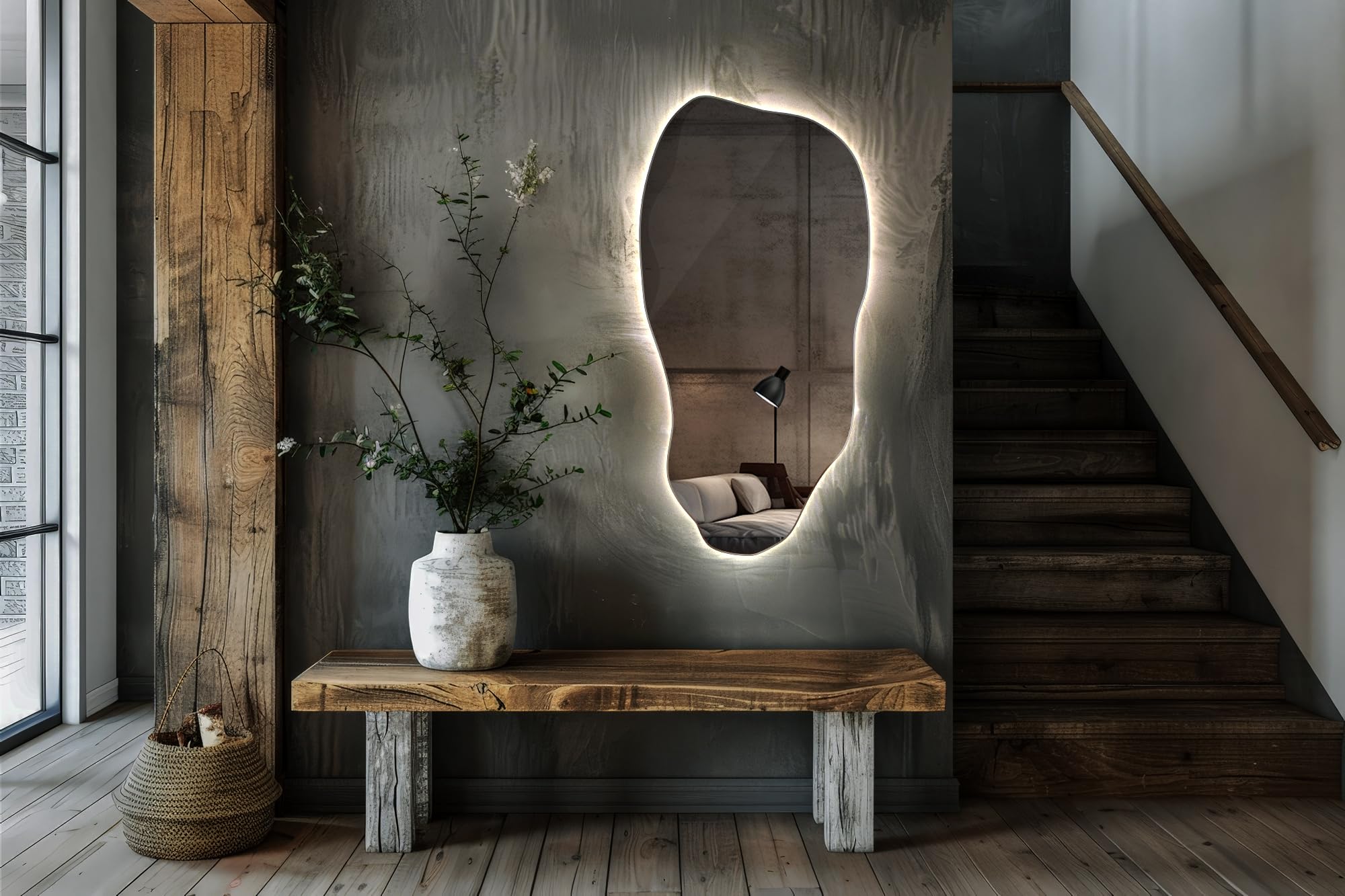 Specchio Irregolare con LED 50 x 100 cm da Parete, Forma Organica Moderna Senza Cornice con Luce Neutra, Specchio Arredo per Soggiorno e Ingresso