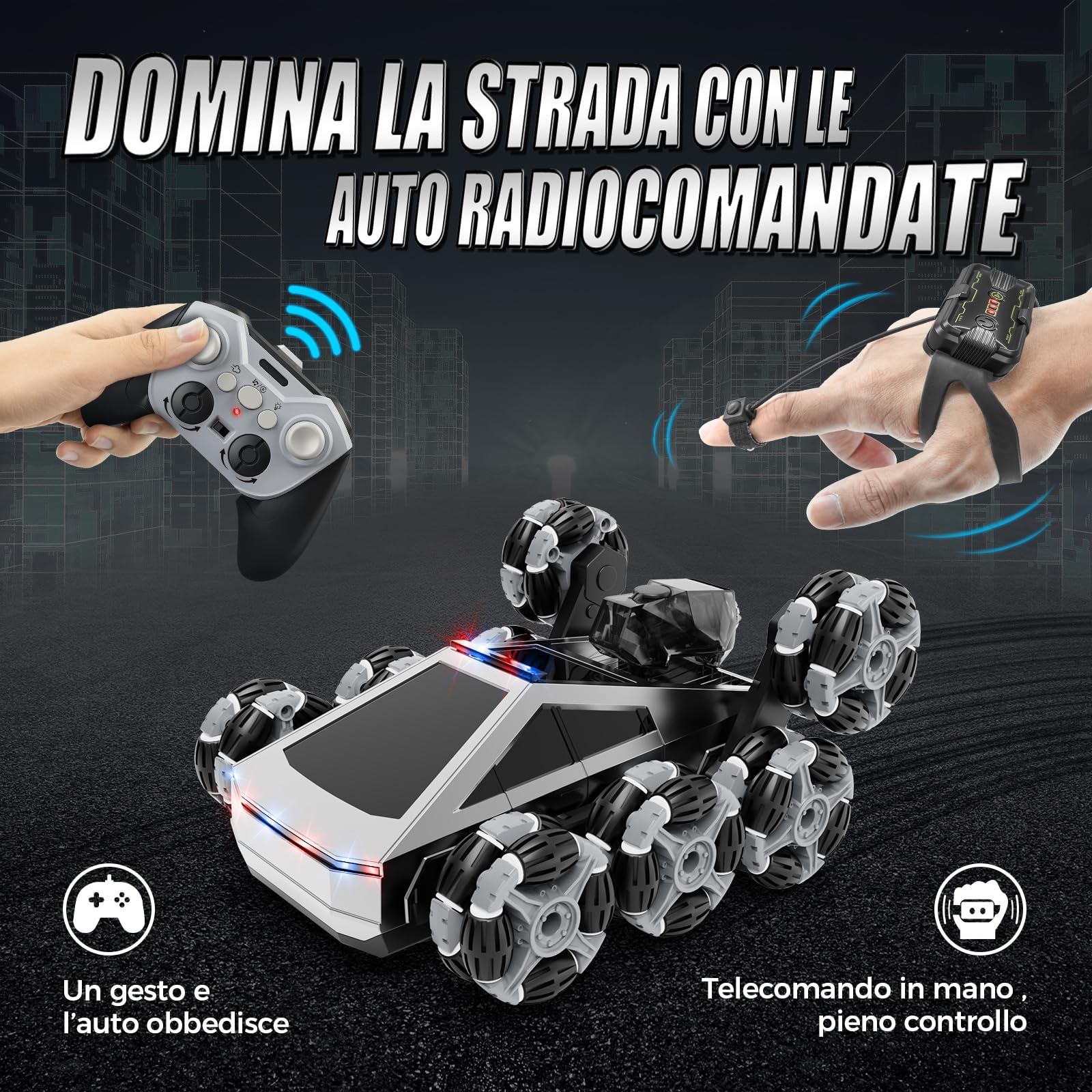 Macchina Telecomandata RC 8 Ruote Acrobatica, Veicolo Fuoristrada con Telecomando & Controllo Manuale, Luci LED, Musica, Spray, Giocattolo Bambini 5-11 Anni, Regalo di Natale per Ragazzi Ragazze