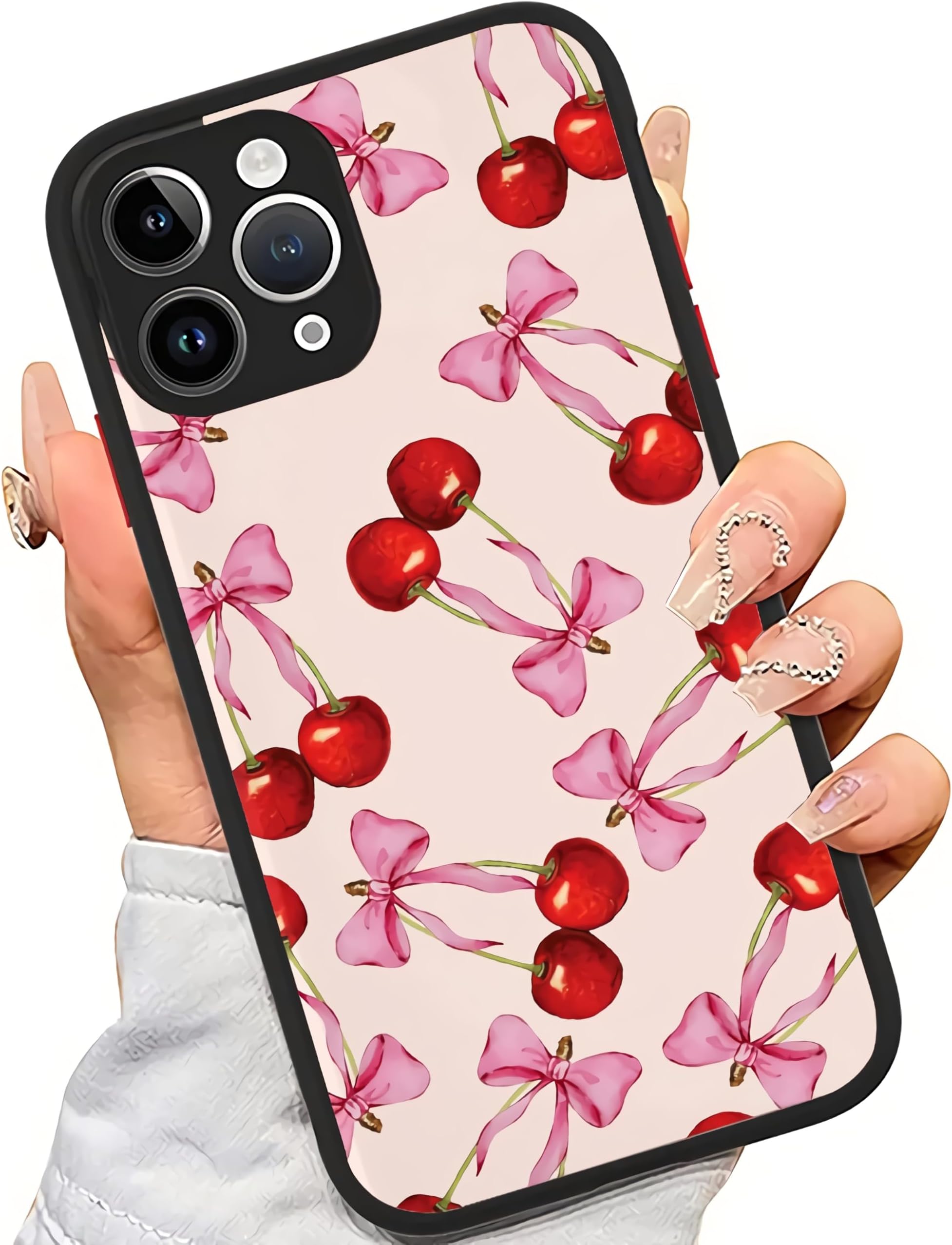 Compatible with iPhone 14 Case, Cherry Pink Bow Coquette Cute Soft Girl Aesthetic Phone case,Thin Soft Black TPU +Tempered Mirror Material Protective Case (for iPhone 14)