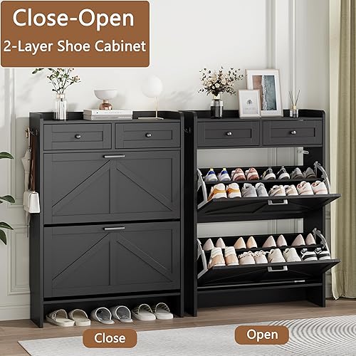 Miniatura 4 de Zapatero con 2 cajones abatibles y 2 cajones superiores, 43 pulgadas de alto, organizador de almacenamiento de zapatos estrecho de madera para