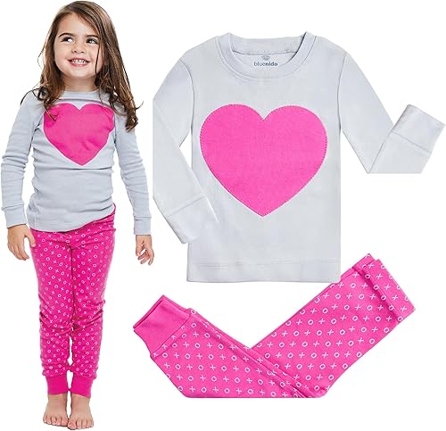 2 Piece Tag Free Pjs for Girls - 100% Cotton Pajamas Set - Kids Summer Pajama - Pink Heart Girl Sleepwear (12M-8Y)