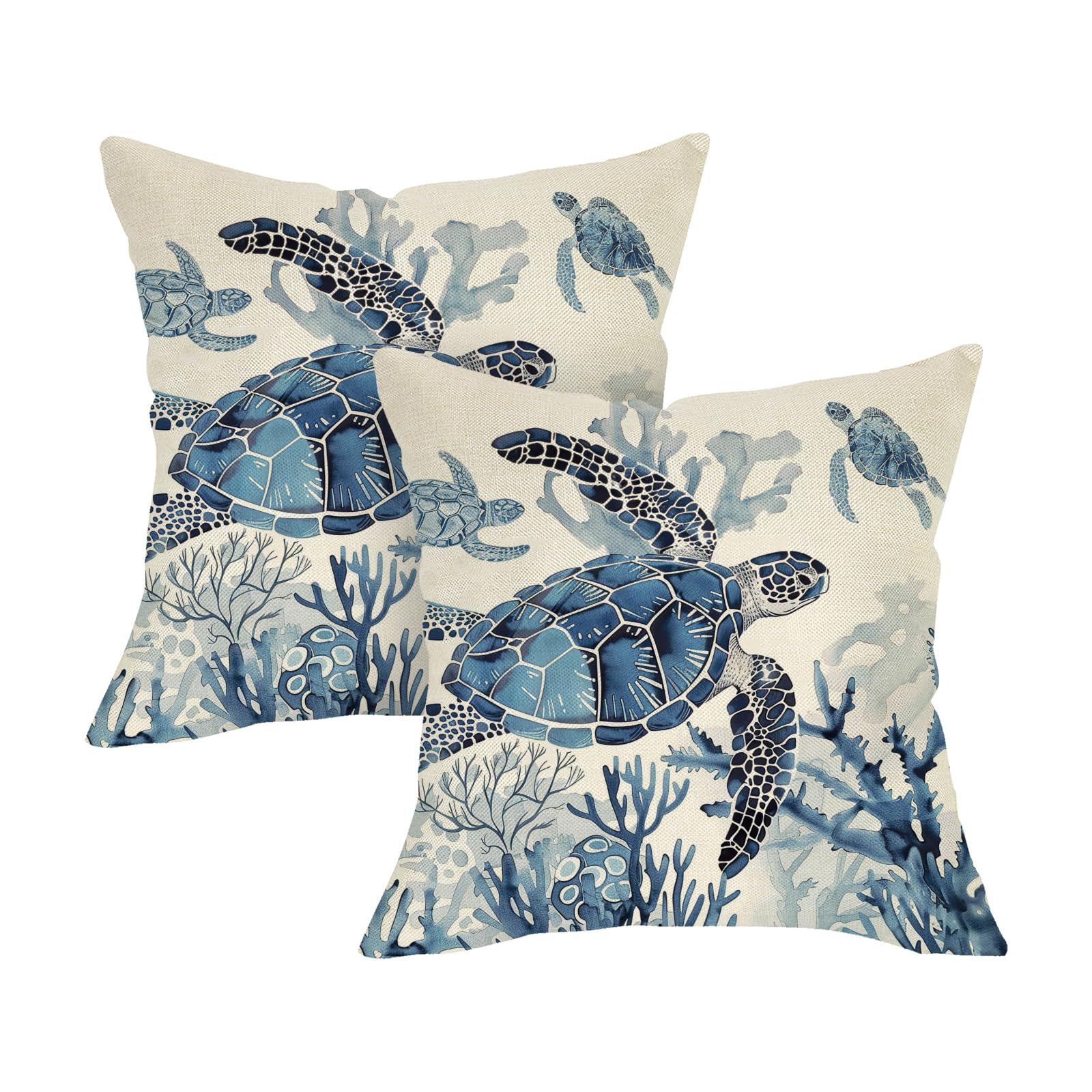 Fjfz Coastal Beach Blue Sea Turtle Decorative Throw Pillow Covers 18 x 18 Set of 2 Ocean Animal
