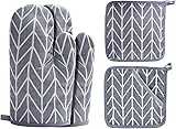 Oven Mitts and Potholders BBQ Gloves-Oven Mitts and Pot Holders Sets with Recycled Cotton Infill Silicone Non-Slip Cooking Gloves for Cooking Baking Grilling (4-Piece Set,Grey) B-grey