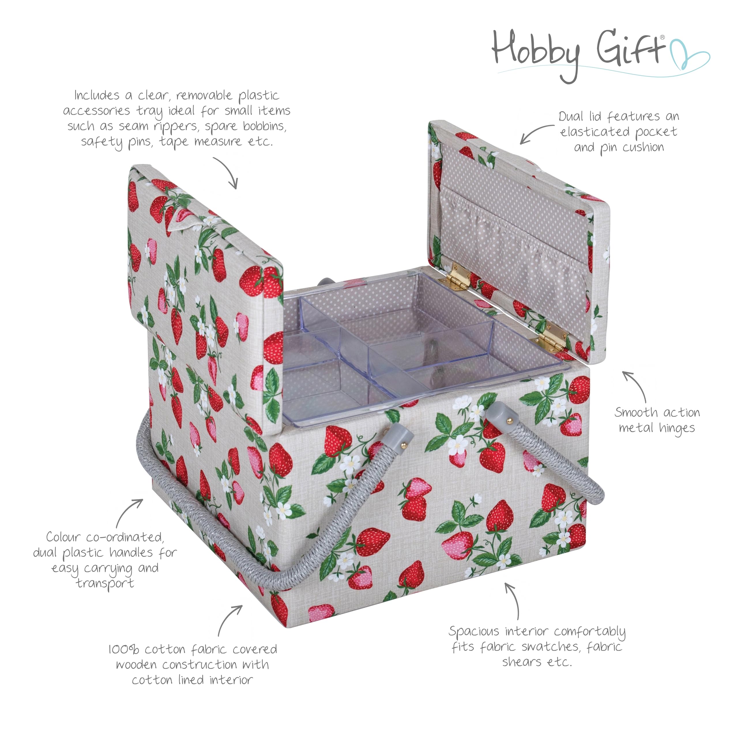 Hobby Gift Exclusive Large Twin Lid Sewing Craft Hobby Storage Box, Accessories Tray Pin Cushion Pockets PVC Handles - Image 4