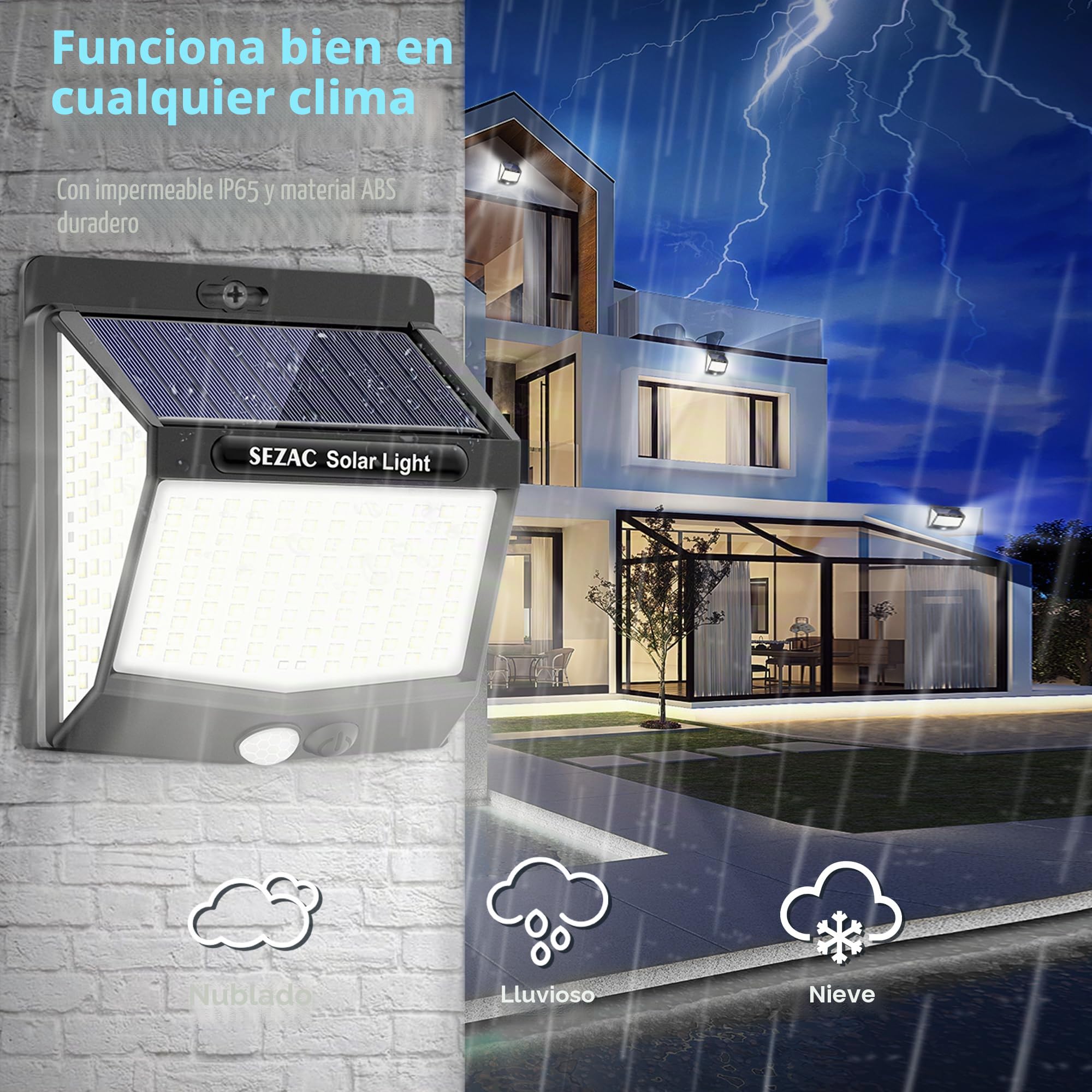 SEZAC Luz Solar Exterior [6 Paquete/3 Modes] 270° Súper Brillante Focos Led Exterior Solares con Sensor de Movimiento, IP65 Luces Solares Led exterior Jardin para Garajes, Caminos, Puertas Delanteras