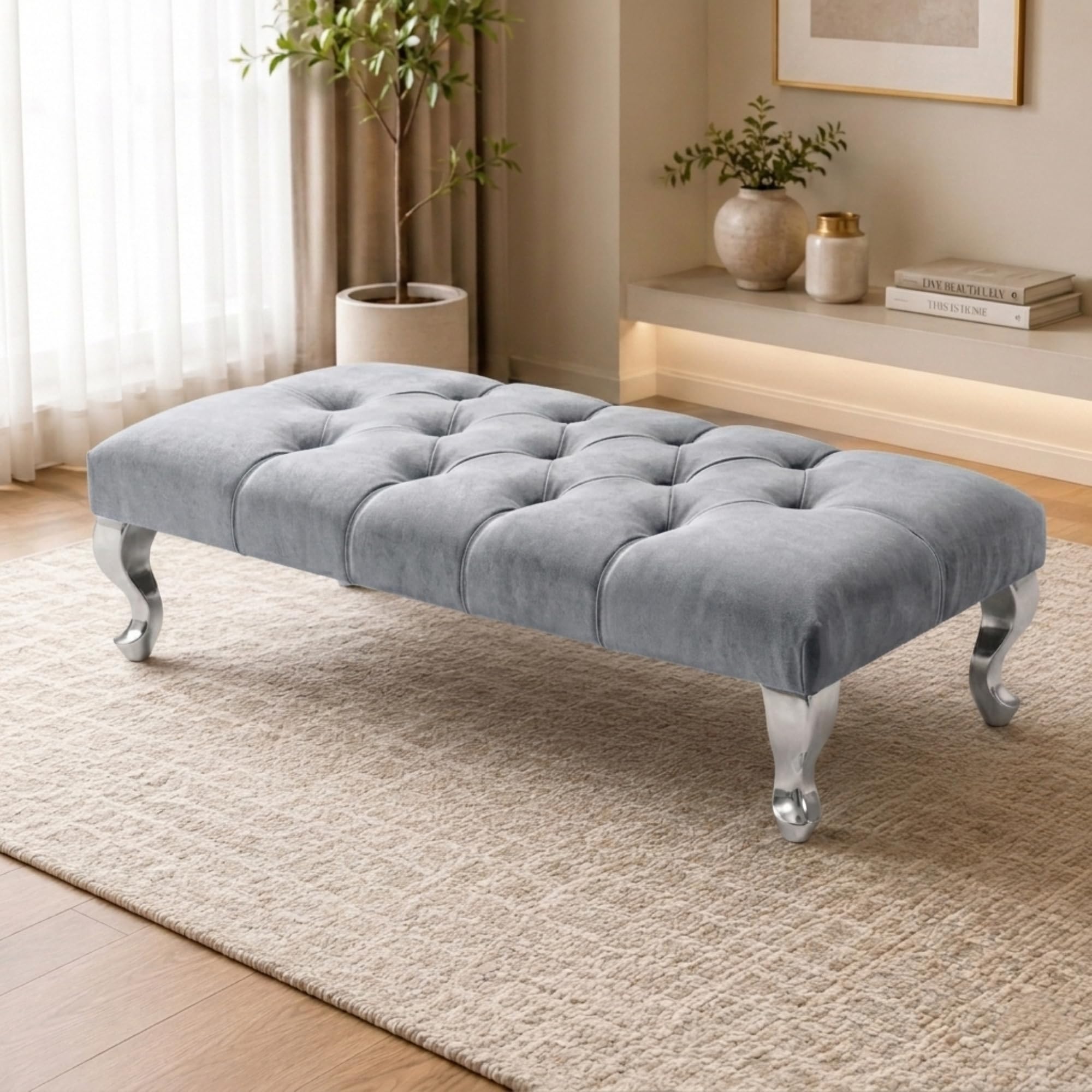 Aiza Chesterfield Velvet Footstool Bench Silver Legs 102cm - Silver