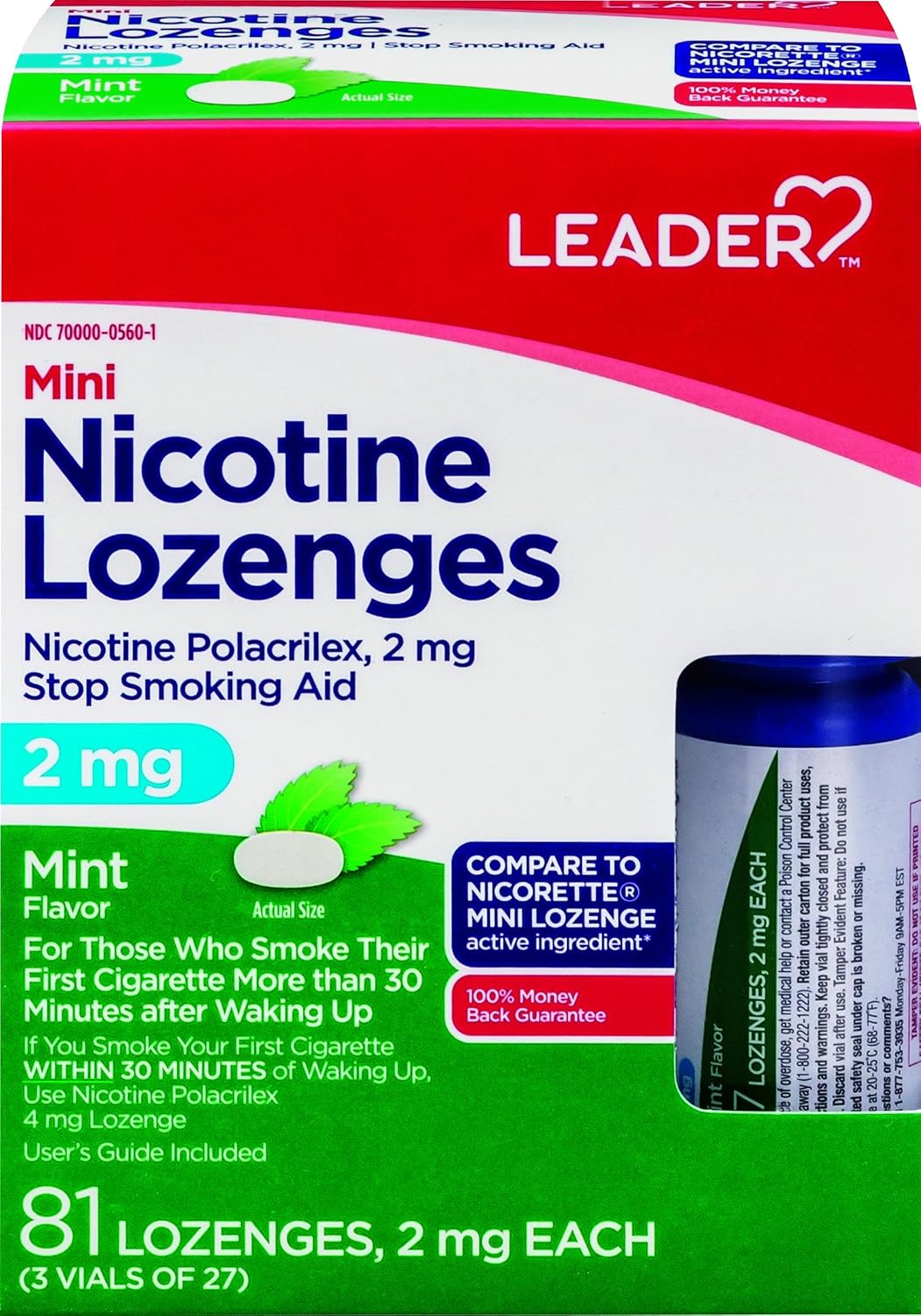 LEADER Nicotine Mini Lozenges Stop Smoking Aid, 2 mg, Reduce Nicotine Cravings with Nicotine Replacement Therapy, Mint, 81 Count