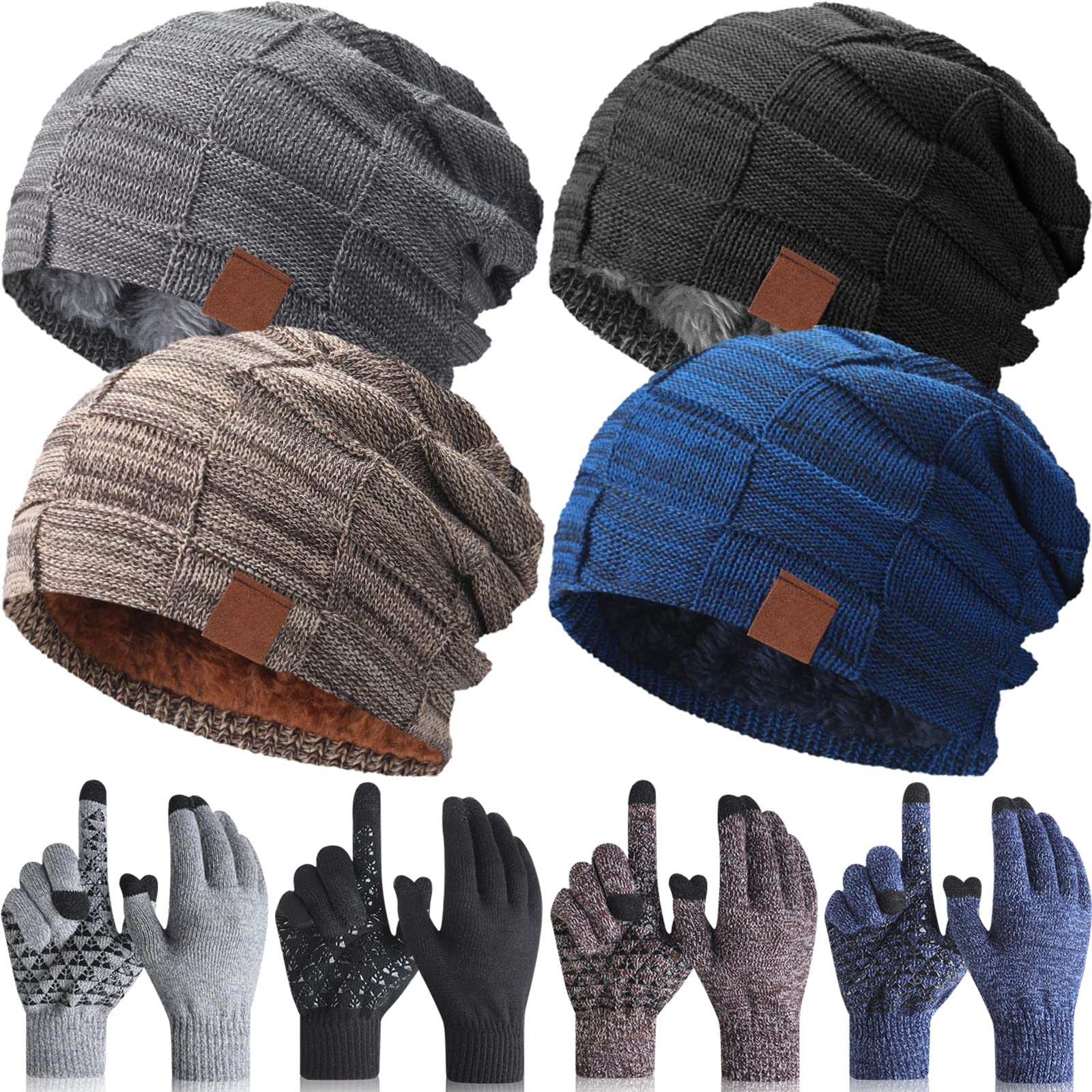 Winter Hats for Men Women Warm Gloves Lined Knit Thick Slouchy Beanie Touch Screen Anti Slip Silicone Gel Winter Gloves (Black, Gray, Royal Blue, Khaki, 4 Set), Black, Gray, Royal Blue, One Size, Black, Gray, Royal Blue, One Size-image-39