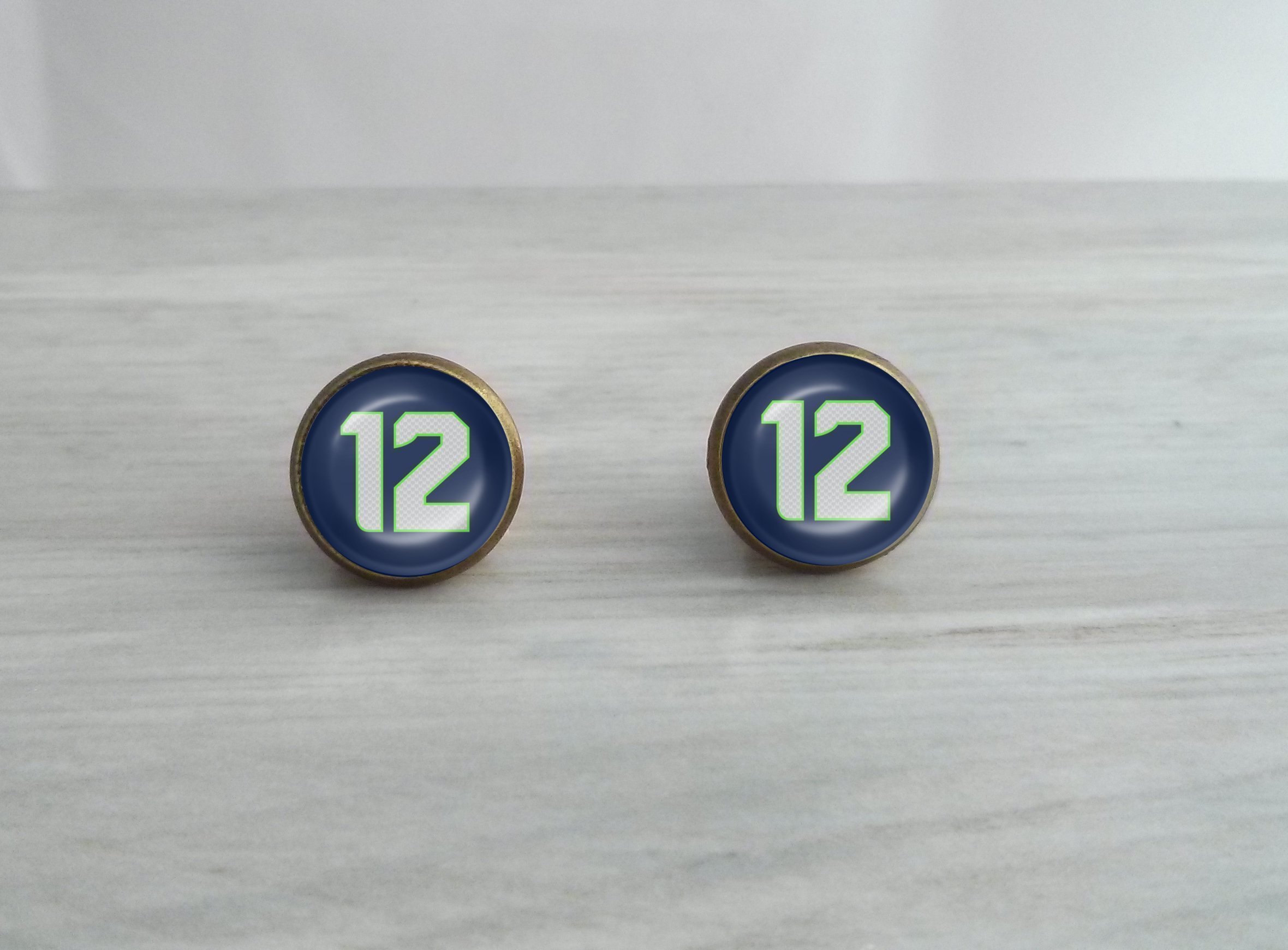 Seahawks Inspired Jersey 12 - Glass Dome Stud Earrings