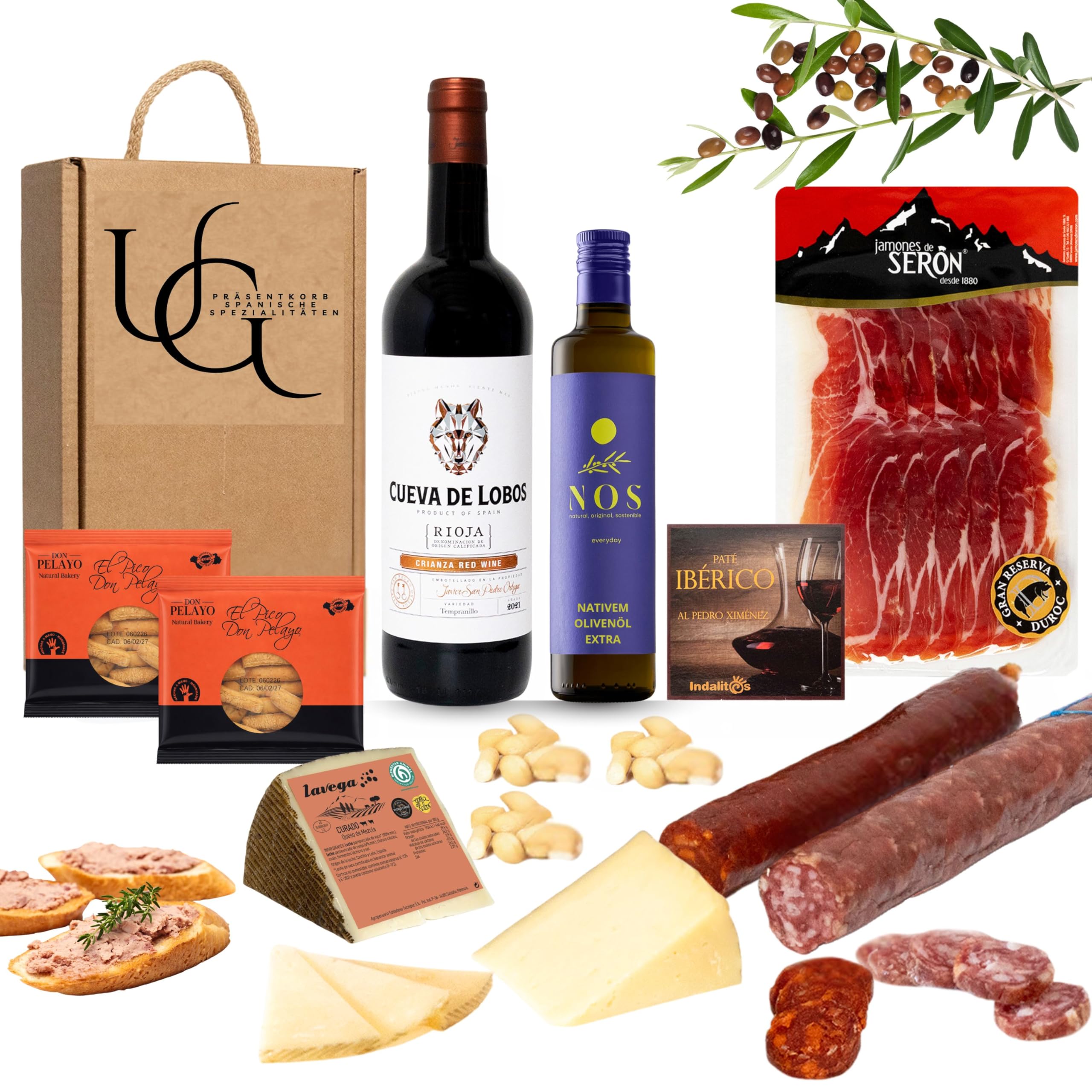 UNIVERSO GOURMET Exklusive Gourmet-Geschenkbox Rotwein g.U. Rioja Natives Olivenöl Extra Iberische Bellota-Wurstwaren Gran Reserva Schinken Schafskäse Geschenkset