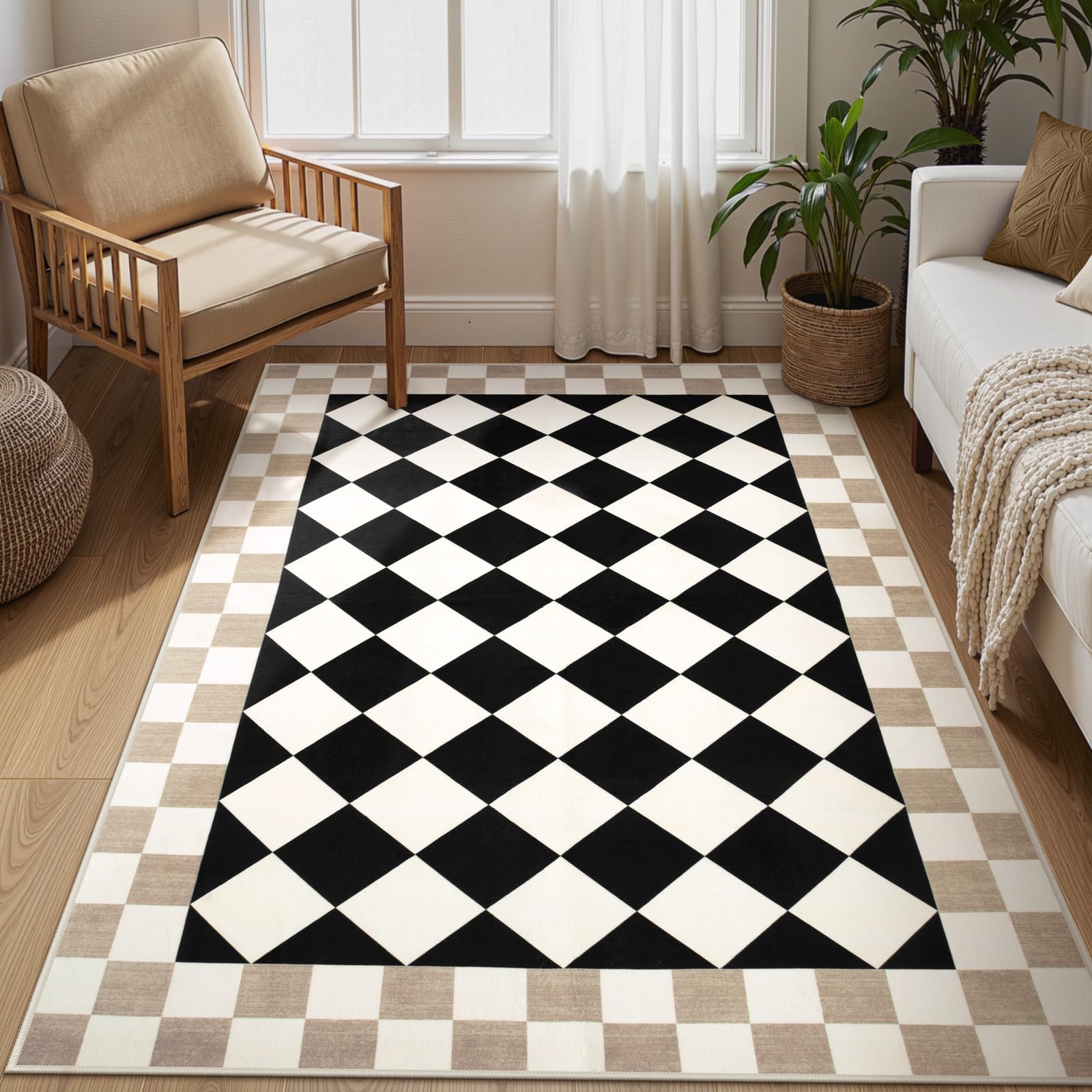 Morebes 4x6 Checkered Rug for Living Room, Black Washable Bedroom Area Rug Checked Kids Room Rug, Non-Slip Soft Low Pile Stain Resistant Indoor Carpet