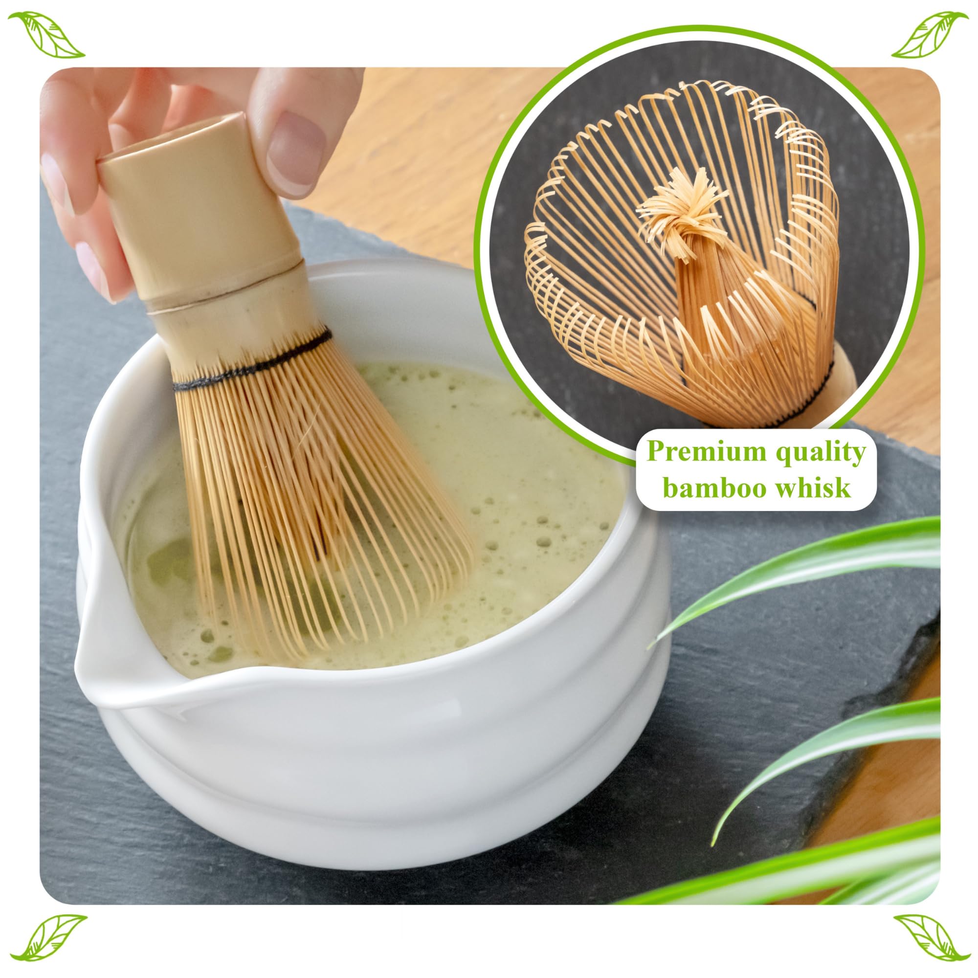 Marce Zestaw Matcha – trzepaczka i miska matcha – zestaw do herbaty matcha – miska do matcha z wylewką (filiżanka matcha), trzepaczka bambusowa, miarka matcha, stojak na trzepaczkę matcha (uchwyt