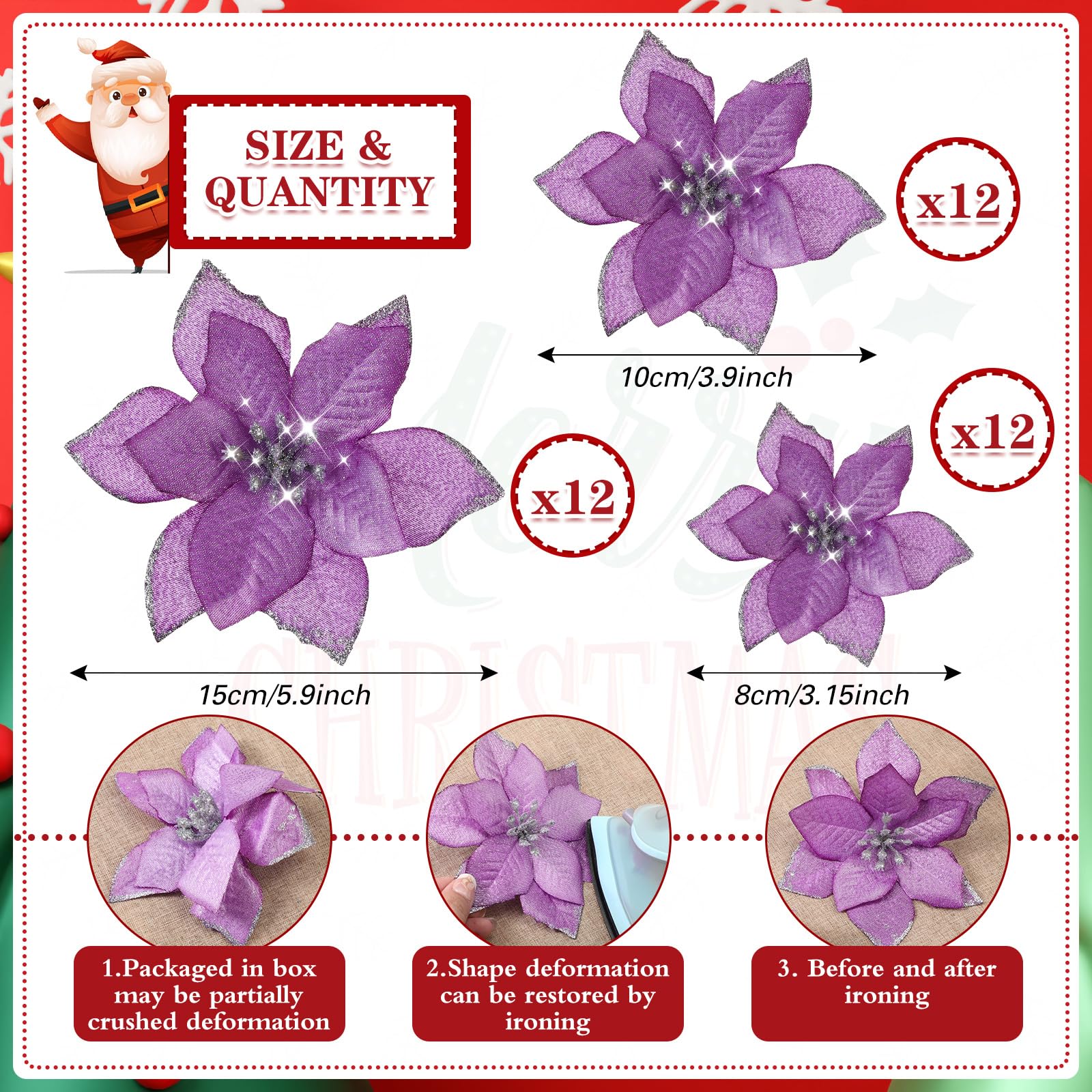 36 Pcs 3 Size Christmas Poinsettia Christmas Tree Flowers Glitter Faux Flowers Decoration Artificial Poinsettia Ornaments For Christmas New Year Home Outdoor Decoration (Light Purple,3/ 4/ 6 Inch) - Image 2