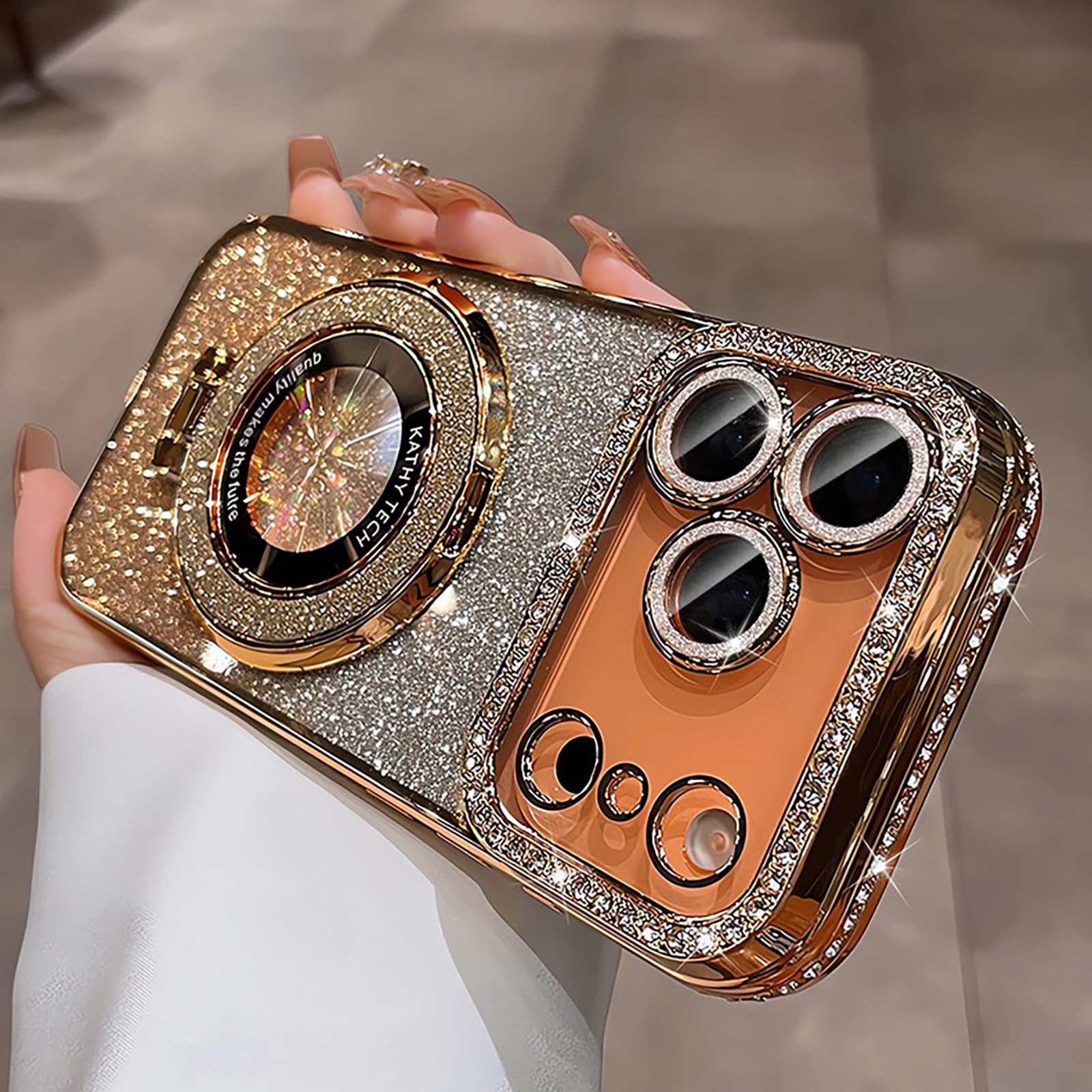 SMARTFOX Magnetic Kickstand Case for iPhone 15 Pro Max with Glitter Lens Protector, Compatible with Magsafe, Luxury Bling Diamond Cover Glitter Phone