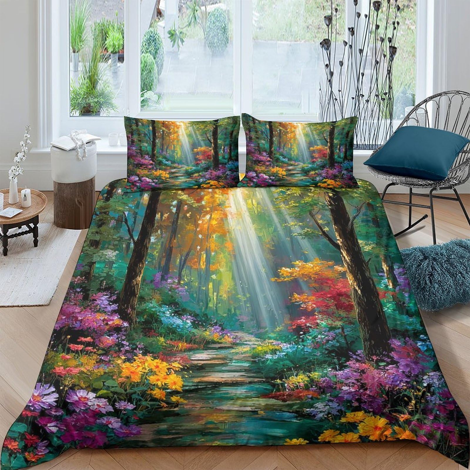 GPLZQXKJNH 3D Printed Enchanted Forest Duvet Cover Set Microfiber Soft Breathable Sunlit Path Quilt Cover with 2 Pillowcases for Bedroom Decor Single（135x200cm）