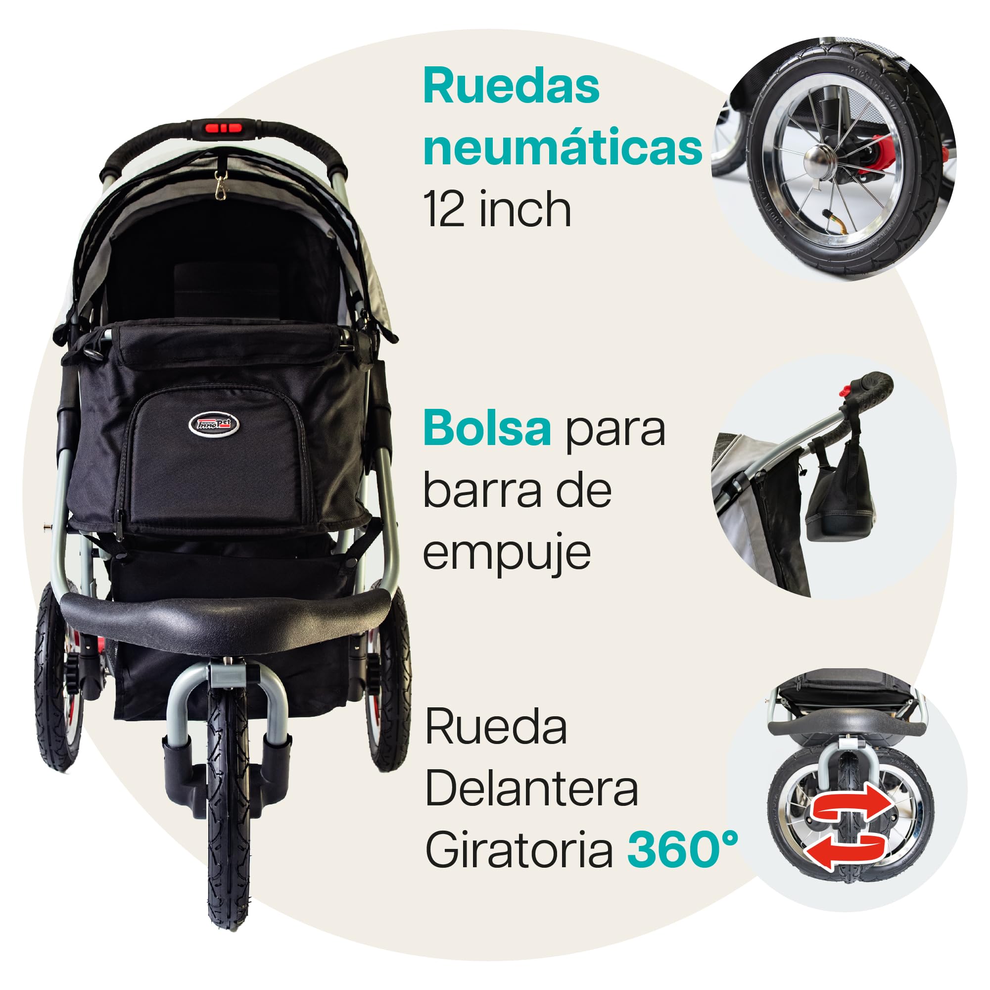 Innopet Comfort Air Eco negro/plata - Cochecito para perros y gatos con ruedas neumáticas de 12”, plegado con una mano, tejido reciclado y organizador