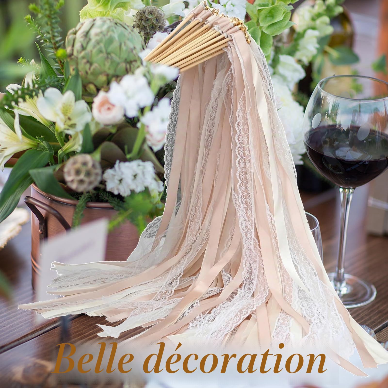 Lot de 50 baguettes de mariage en champagne avec cloche, baguettes de mariage en dentelle romantique avec rubans de mariage, baguettes magiques pour mariage et serpentins, cadeaux pour