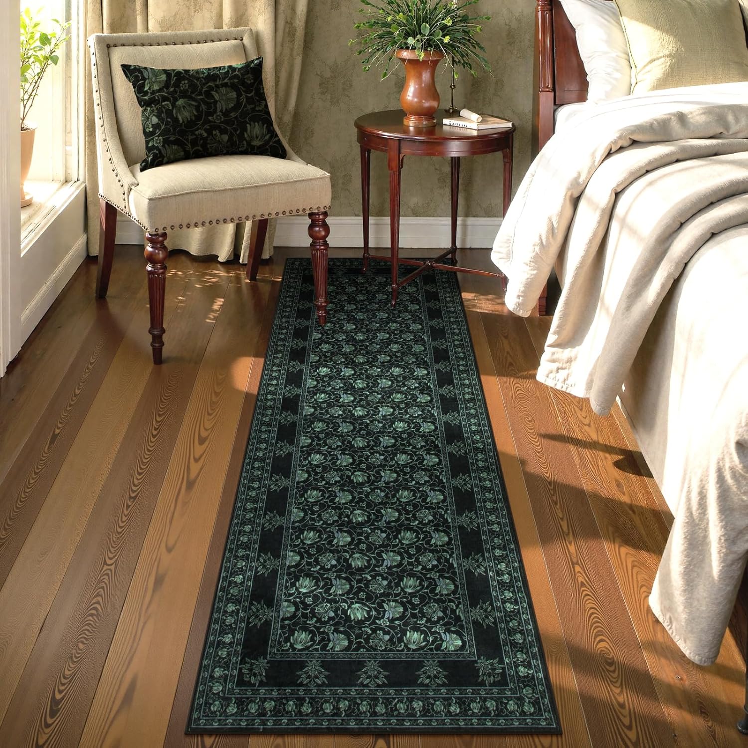 Lahome Black Kitchen Runner Rug 2x6, Low Plie Rug Runners for Hallways Non Slip, Vintage Floral Washable Runner for Entryway Laundry Room Bathroom (2'x6', Black/Green)