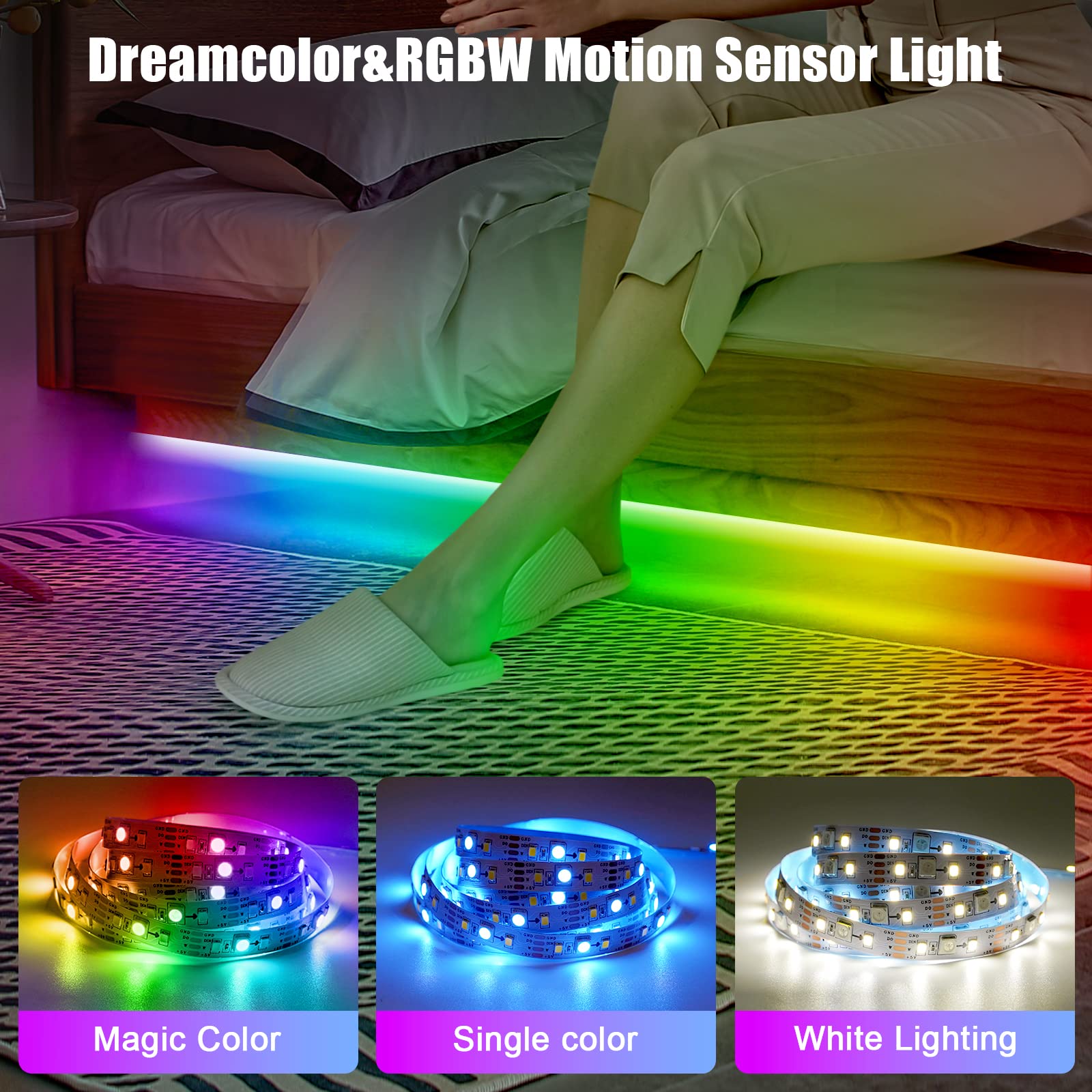 Dreamcolor Striscia LED 2 metri, RGBW Striscia LED Sensore Movimento , Striscia LED con Telecomando e APP Controllo, USB LED Striscia per Letto Mobiletto Scala Armadio