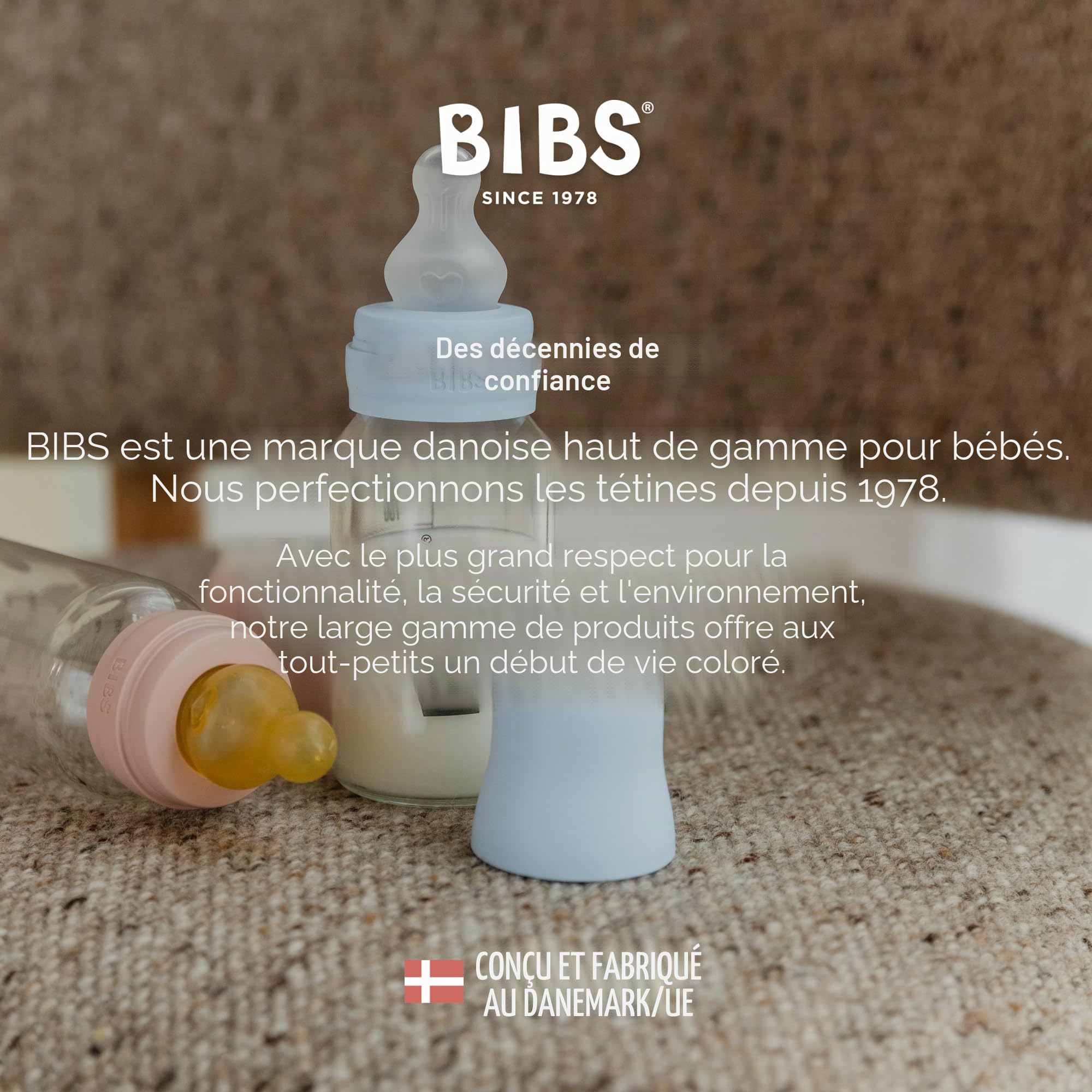 BIBS Biberon en verre, 120 ml, 2-pack, Tétine en latex naturel, Ivory | Anti-colique | Tétine en latex naturel | Débit lent | Adapté à l’allaitement | Fabriqué au Danemark | Tétine BIBS
