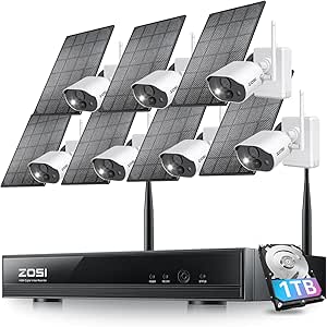ZOSI 8CH 4MP 2.5K Solar Powered Wireless Security Camera System, 7 x 3MP C306PK Outdoor Battery Camera with Color Night Vision, Spotlight, 2-Way Audio, Light & Siren Alarm, 1TB HDD for 24/7 Recording asin的图片