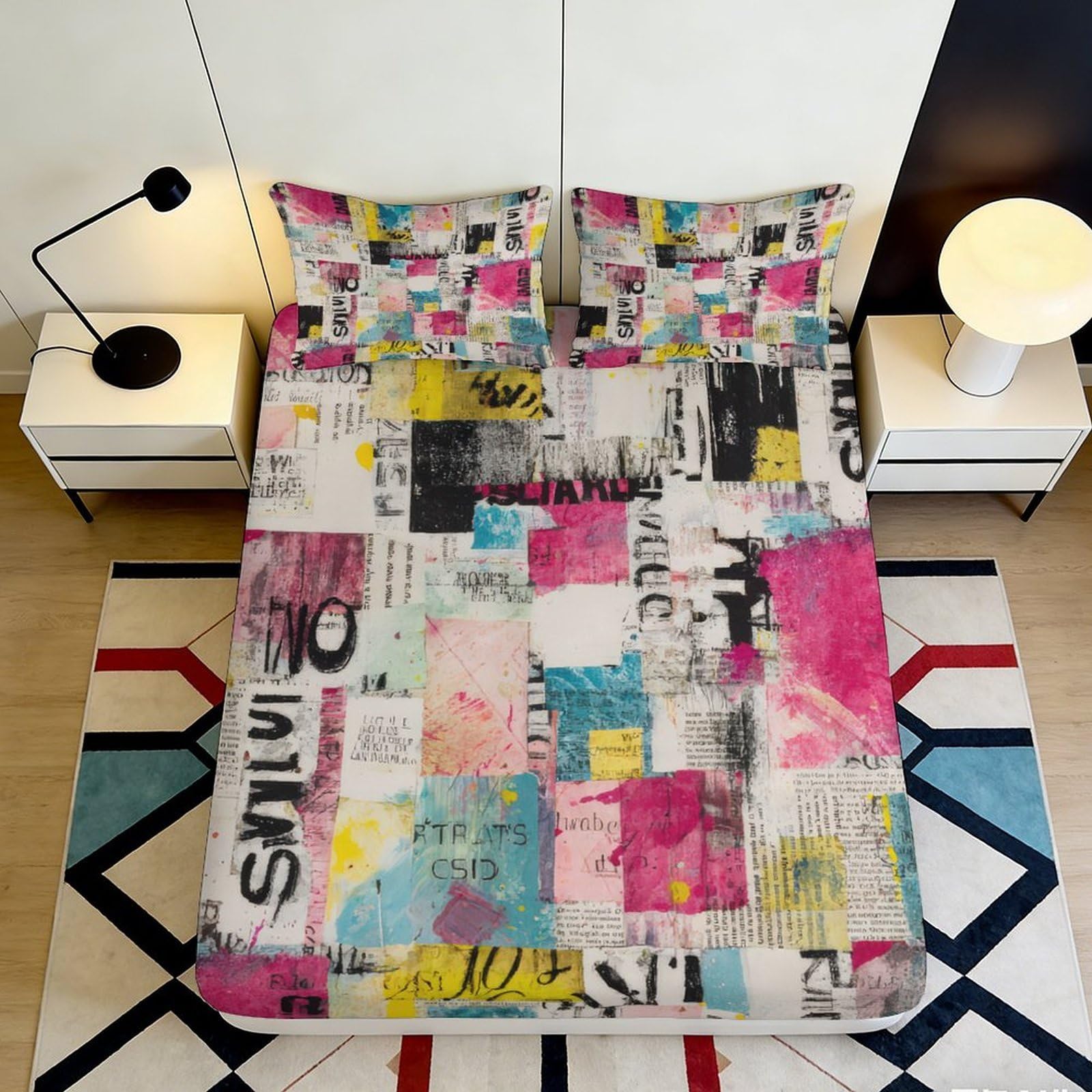 3D Printed Abstract Graffiti Fitted Sheet Microfiber Colourful Urban Collage Mattress Cover for Bedroom Dorm Decor 90x200x25cm