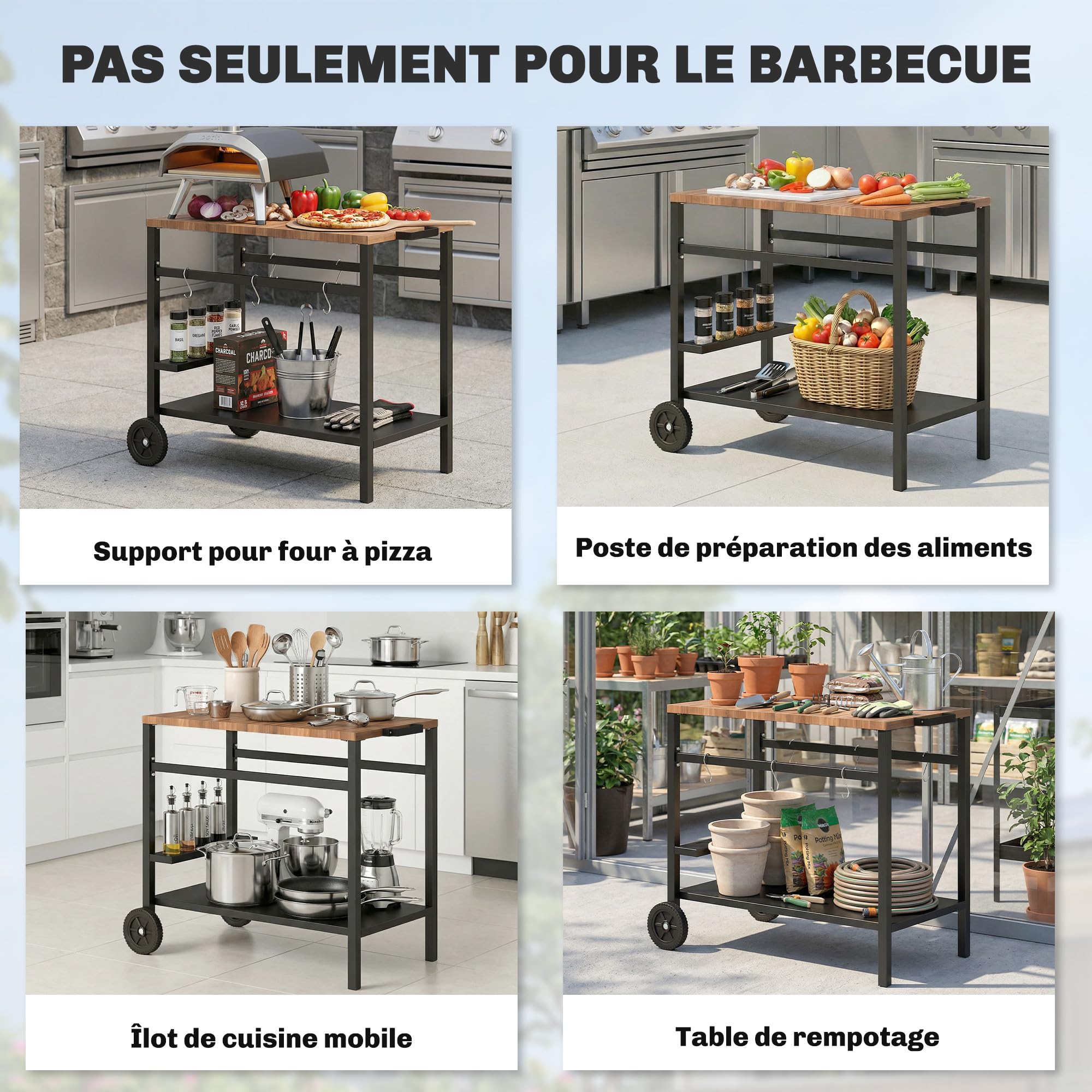 Outsunny Desserte jardin chariot barbecue 2 niveaux plateau métal aspect bois porte-boissons crochets 97x51x83 cm noir marron