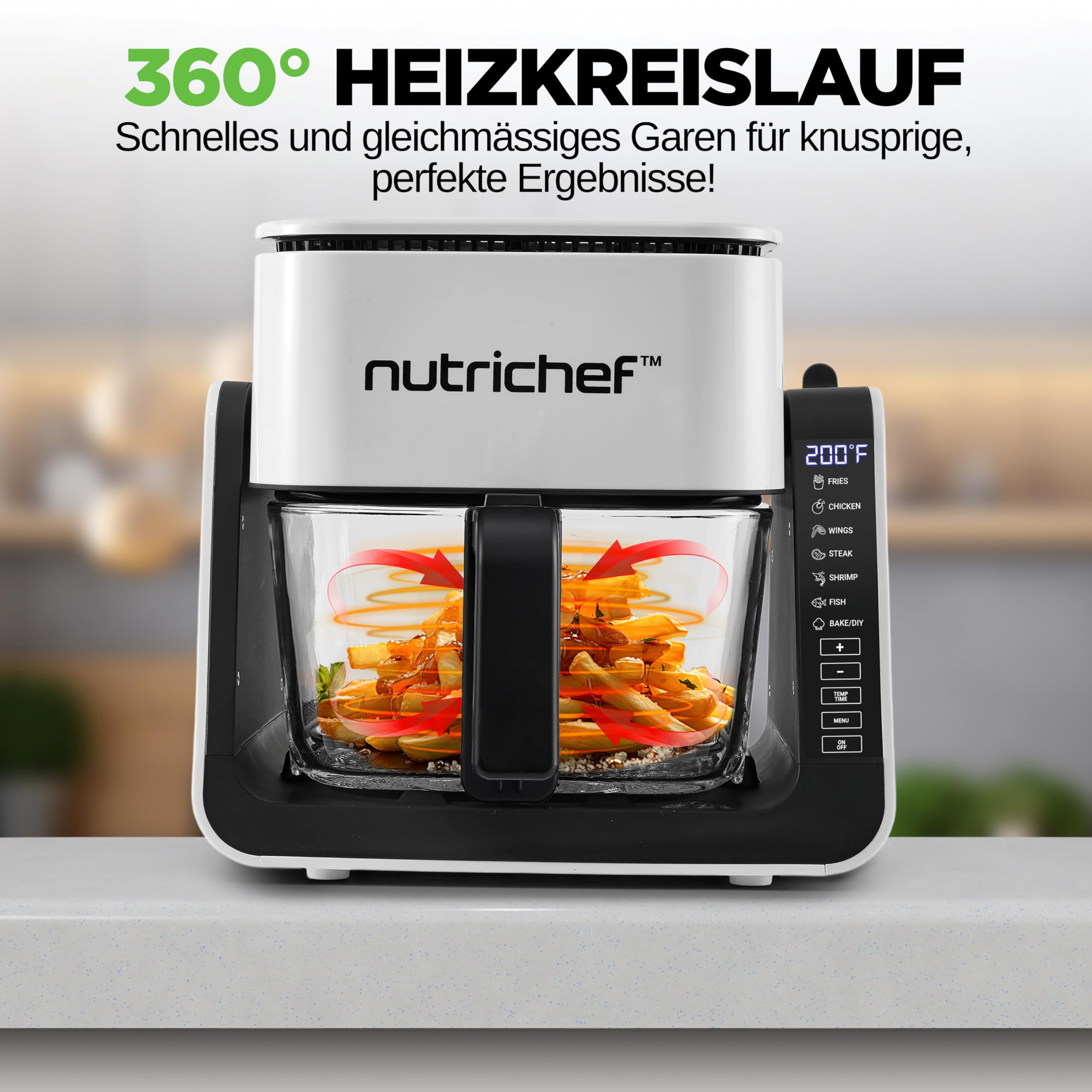 NutriChef Heißluftfritteuse 4L mit Grillfunktion 1500W Weiß – Airfryer ohne Öl mit Sichtfenster, 7 Programme, Glasbehälter für Familien