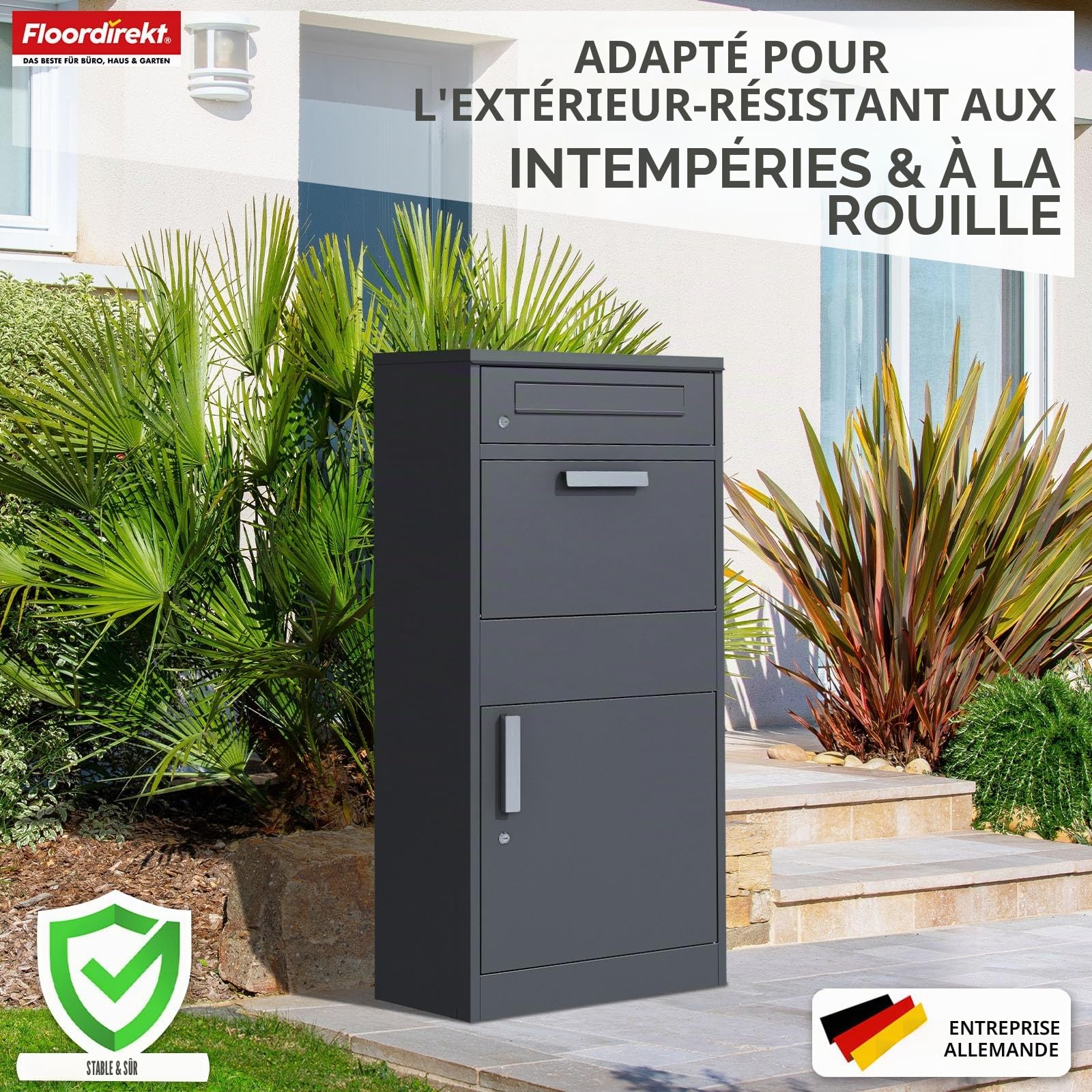 Floordirekt Boîte aux lettres et boîte à colis inoxydable et massive XXL - Boîte aux lettres sur pied moderne avec serrure à cylindre - Boîte aux lettres Francois