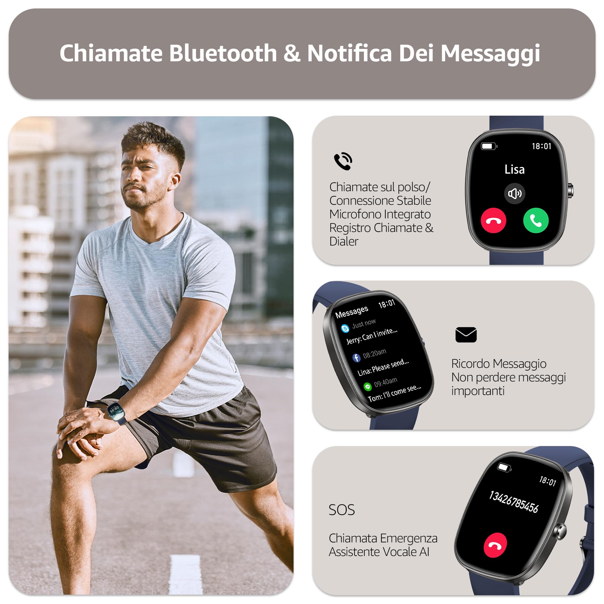 Smartwatch Uomo Donna (Rispondi/Effettua Chiamate), 1.83" Orologio Smartwatch con Contapassi/Sonno/SpO2/Cardiofrequenzimetro, 100+ Modalità Sportive, IP68 Impermeabile Fitness Tracker per iOS Android
