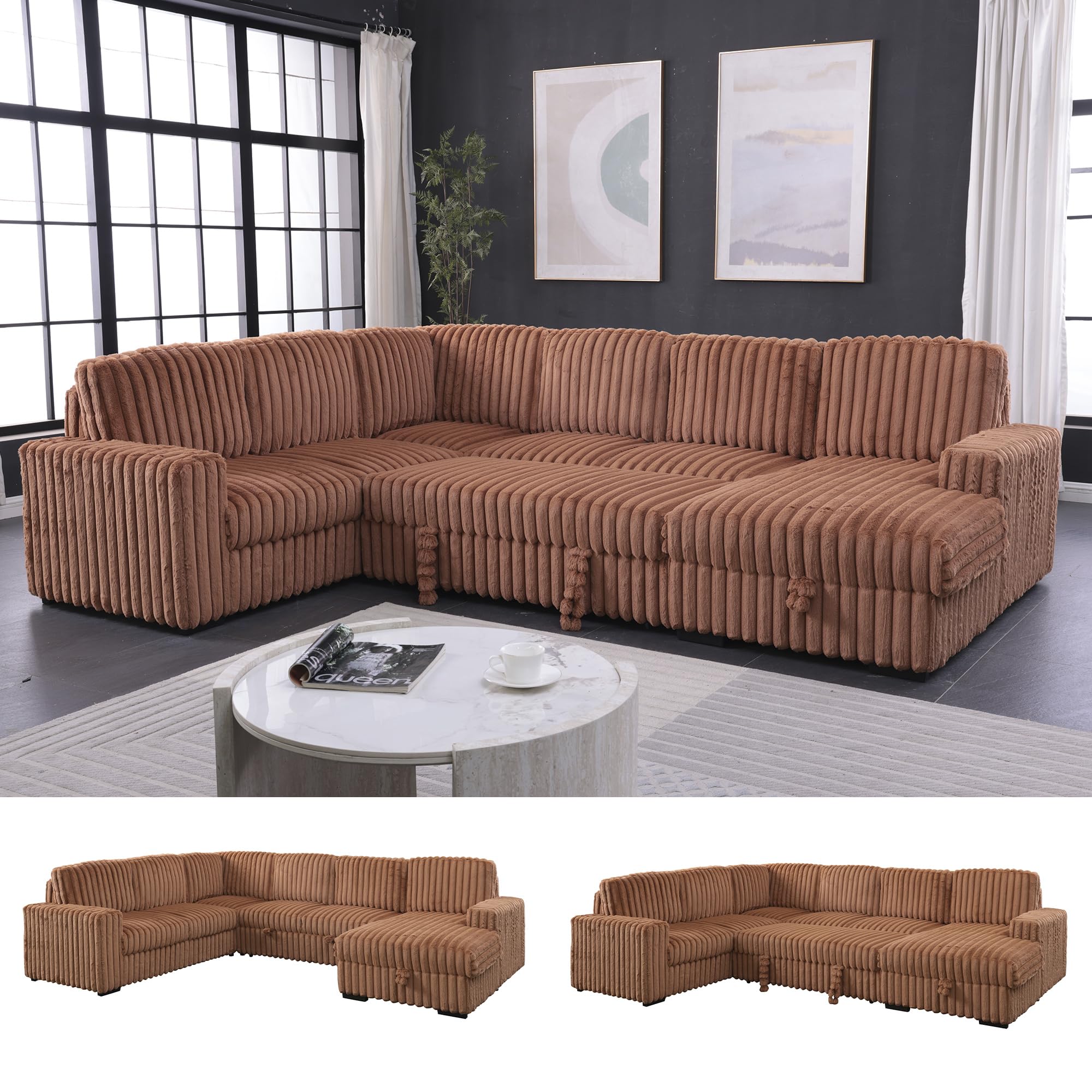 122 Convertible U-Shaped Faux Rabbit Fur Plush Sectional Sleeper Sofa Upholstered Cloud Couch Pull-Out Sofa Bed with Storage
