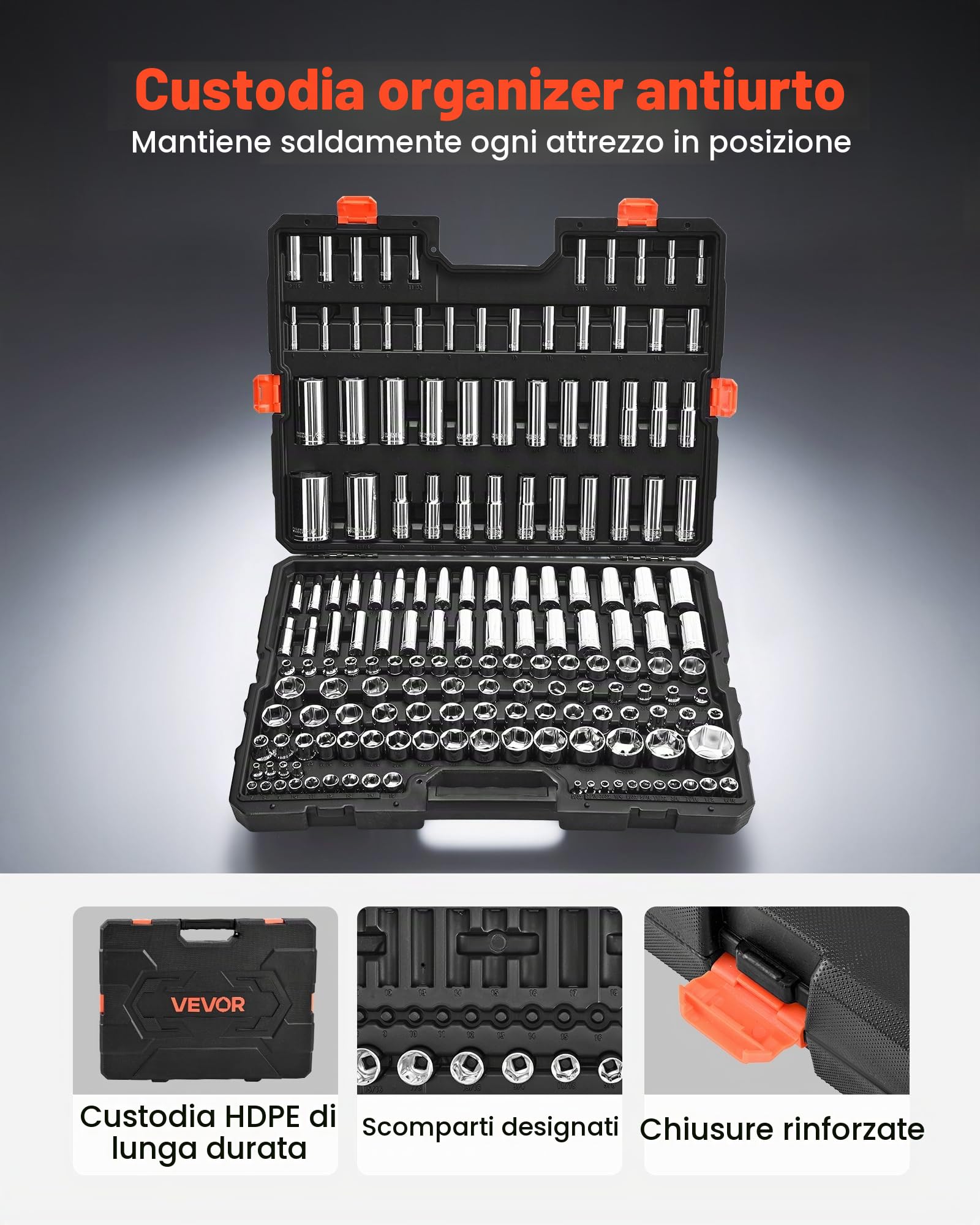 VEVOR Set di Bussole, 163 Pezzi, Set di Utensili per Bussole da 9,5/6,4/12,7 mm, SAE e Metriche, Profonde e Standard, con Custodia, Acciaio Legato CR-V Cromato, per Riparazioni Automobilistiche