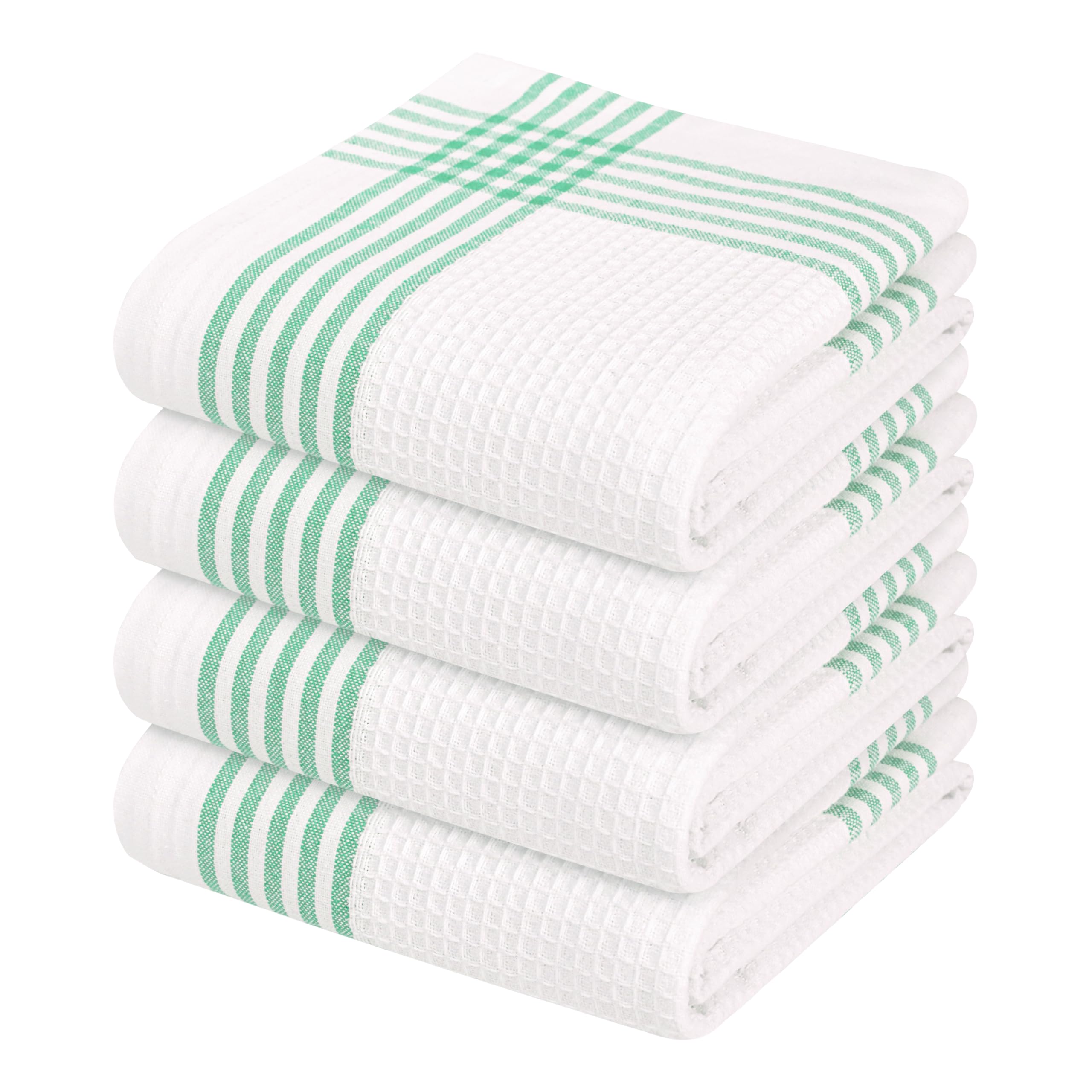 Waffle White &amp; Dark Green Kitchen Towels 4 Pack, 100% Cotton, 16x26 inches, Super Absorbent Tea Towel for Drying Dishes, Quick Drying Kitchen Cloth Set for Daily Cooking, Cleaning