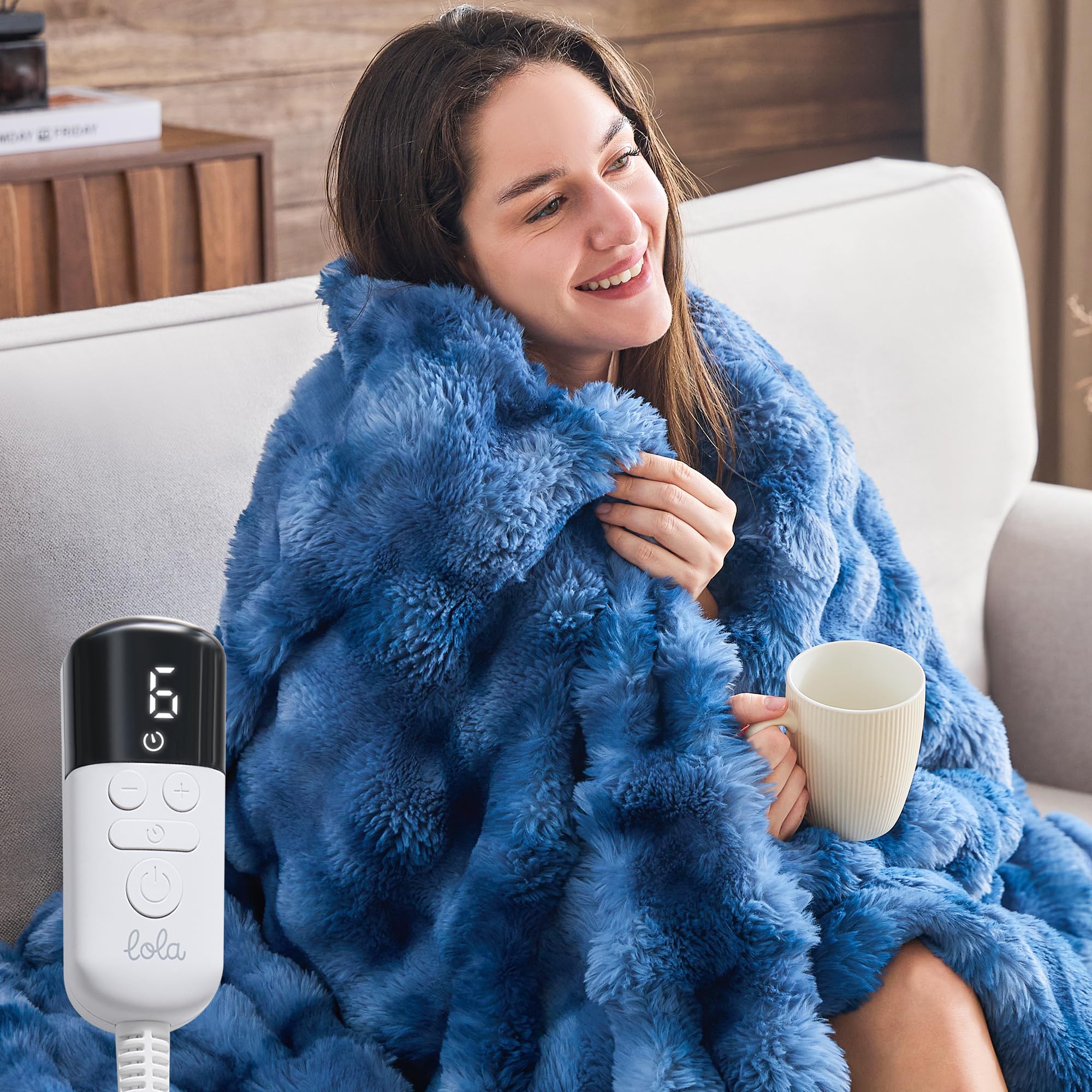 Faux Rabbit Fur Bubble Heated Throw Blanket,TieDyeBlue,50"x62"