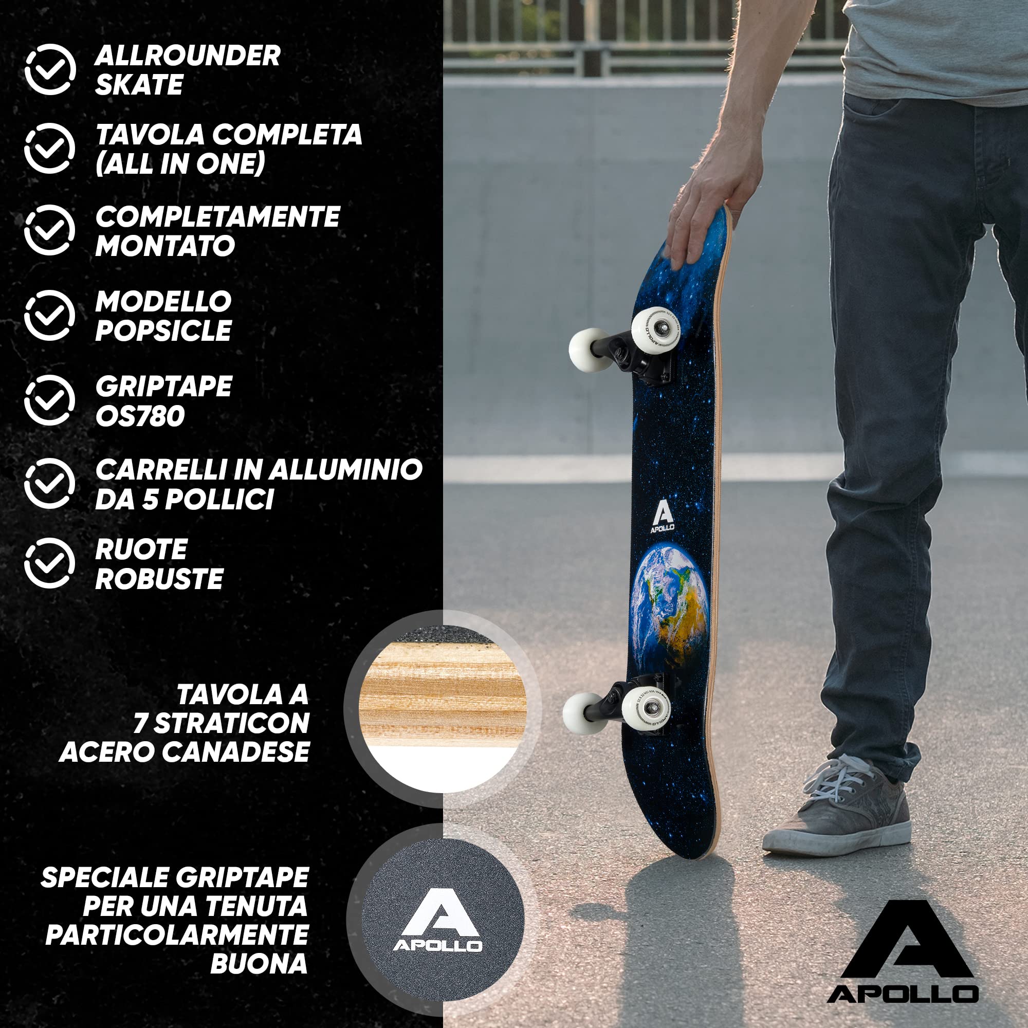 Apollo Skateboard Professionale Completo – Skateboard Bambino, Ragazzo, Adulto - Tavola Skate in Legno a 7 Strati – Tavola Skateboard Design Originale, Medium Concave, Cuscinetti a Sfera ABEC-7