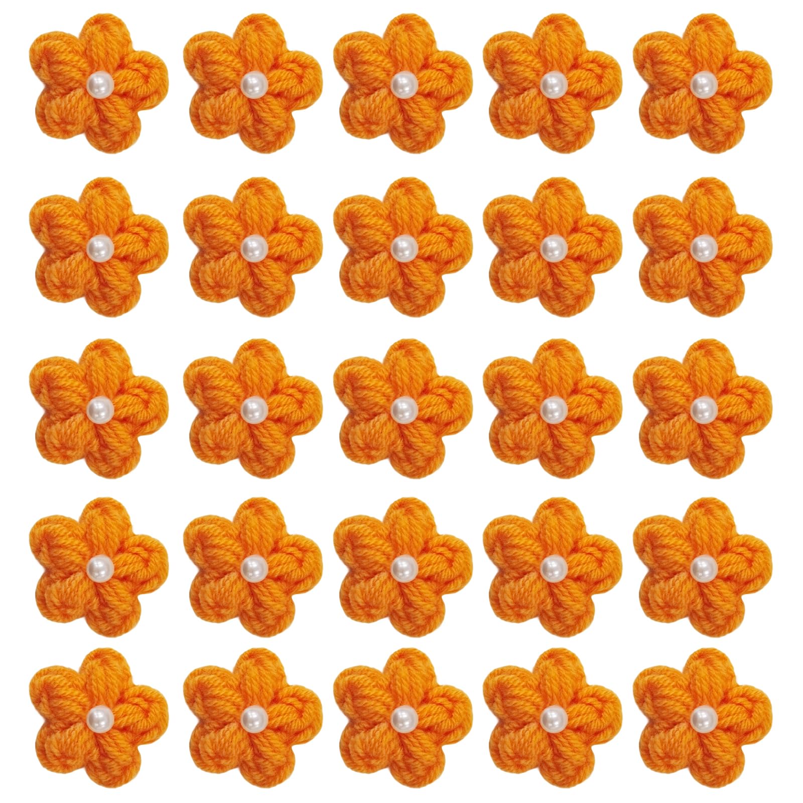 Jtnohx Knitted Flower Patches，Crochet Flowers Applique，25pcs Handmade Floral Sew on Patches，3cm DIY Appliques Embellishments with Pearl, Crochet Floral for Crafts,Sew Accessories(Orange
