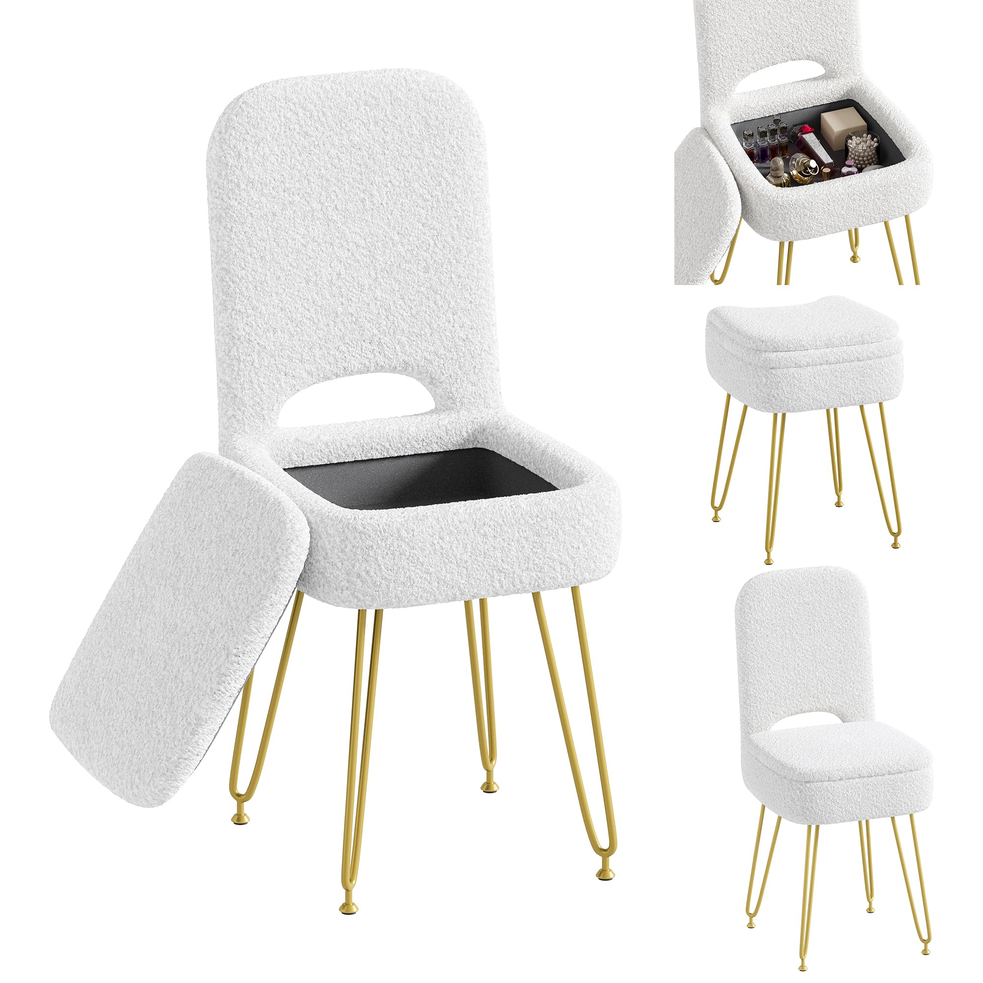 3 in 1 Sedia da Trucco con Vano Portaoggetti e Schienale, Moderno Sgabello da Trucco, Schienale Ribaltabile Che si Trasforma in Poggiapiedi, per Camera da Letto, Soggiorno,fino 136KG Bianco 33*38*80CM