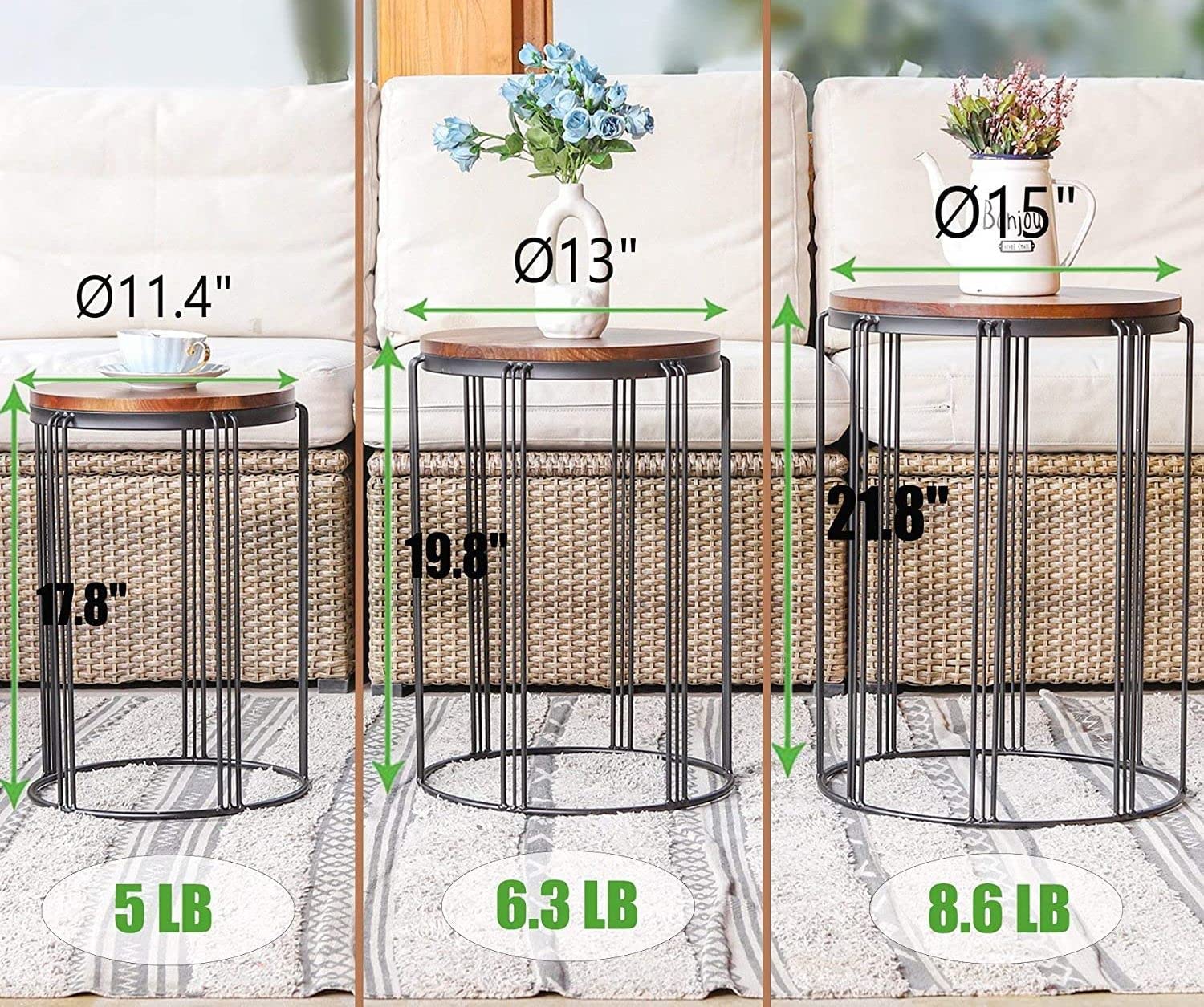 . 45881 Patio Side End Plant Tables Outdoor Set of 3, Round Rustic Metal Wire Frame with Fir Wood Top, Industrial Nesting Stacking Coffee Tables for Living Room Balcony Indoor Home Office 1