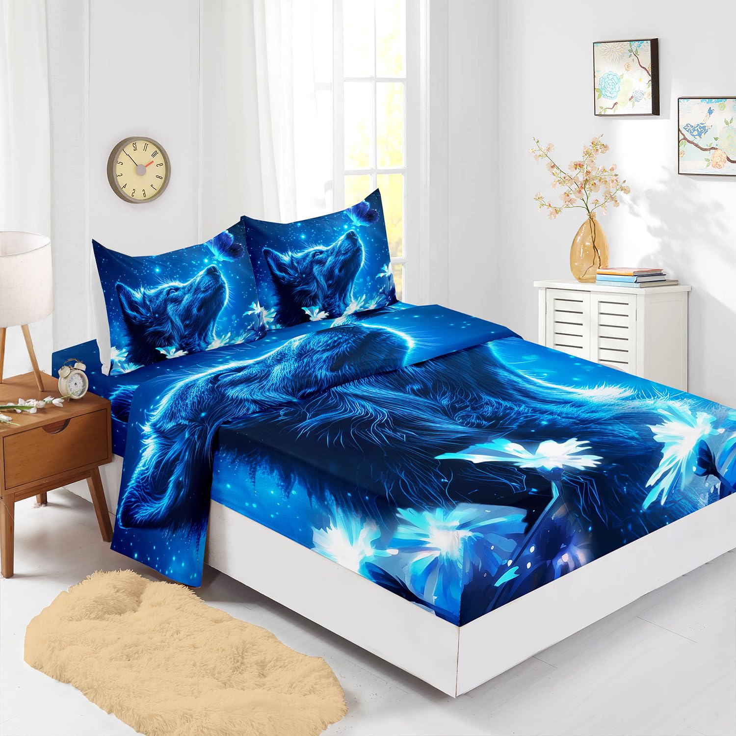AILONEN Wolf Fitted Sheet Set Full Size,Blue Starry Butterfly Wolf Bed Sheet Set for Kids Boys Girls,Animal Wolf Head Printed 4 Piece- 1 Fitted Sheet & 1 Flat Seet with 2 Pillowcases