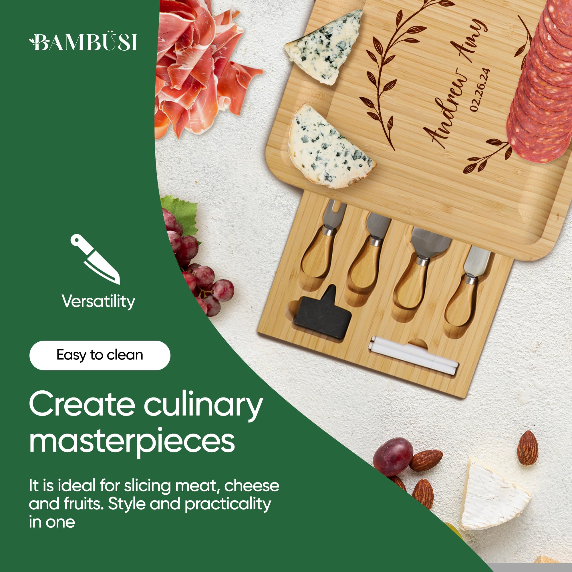 Charcuterie Boards Gift Set - Bamboo Cheese Board Set Charcuterie Tray & Serving Platter for Hosting & Entertaining, Wooden Cheese Platter, Kitchen Gifts for Women, Gifts for Home, Wedding & Birthday: Engraved Board with 2 Drawers