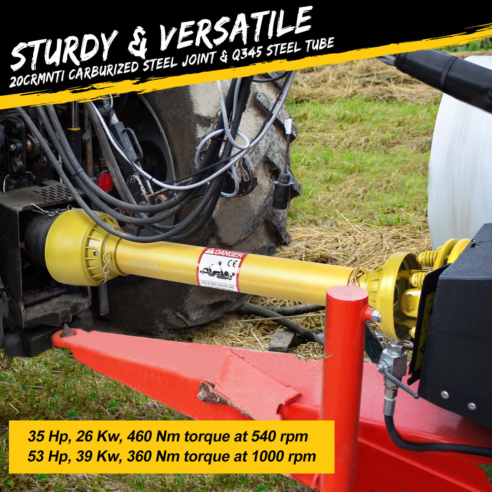 Garvee Eje de Transmisión Cardán para Tractor con Toma de Fuerza y Embrague de Fricción, Eje TDF Telescópico de Acero 45 de Alta Resistencia para Maquinaria Agrícola, 110-145 cm, Amarillo, Robusto