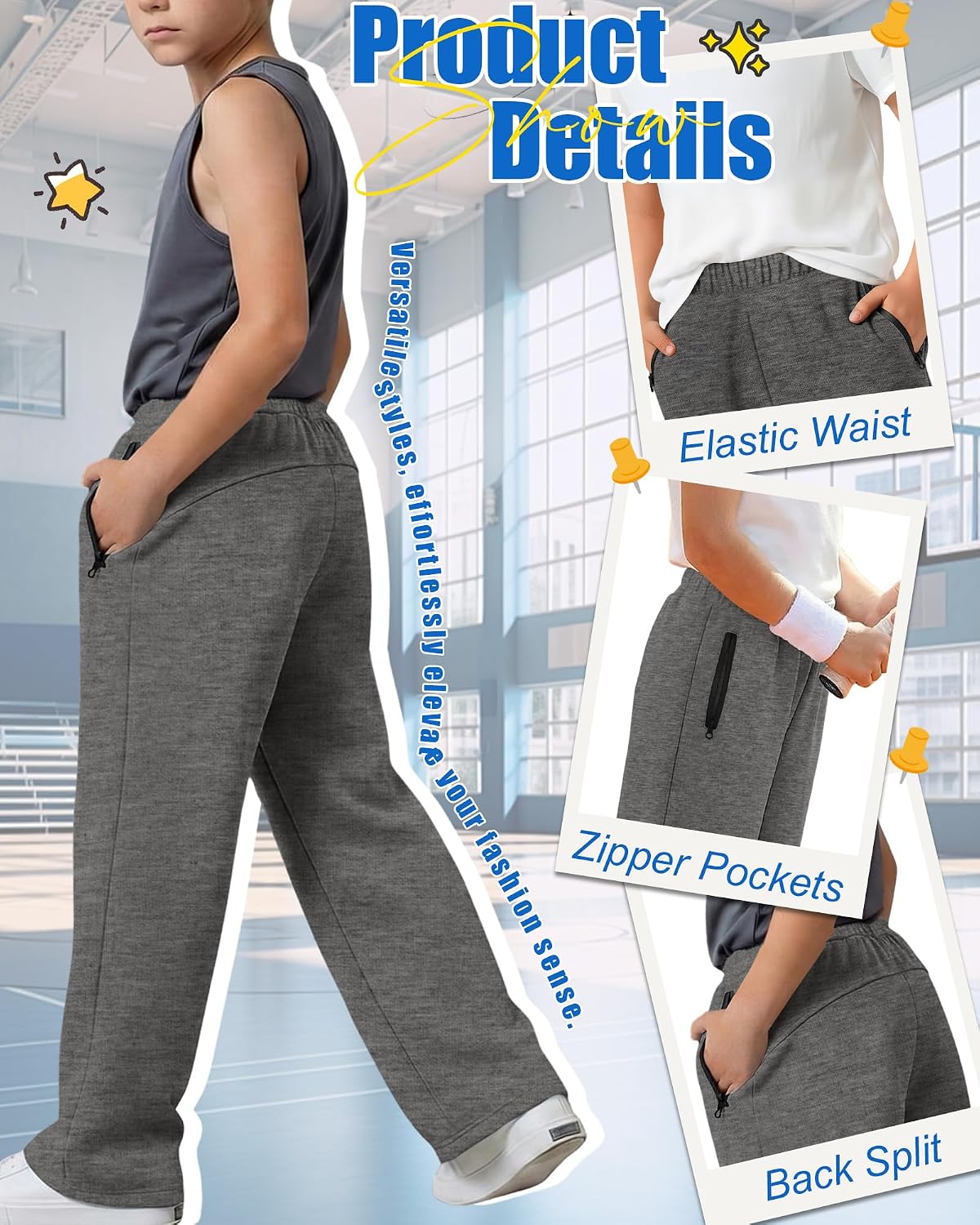 3 Pack Boys Sweatpants Wide Leg Baggy Pants Open Bottom Athletic Kids Teen Joggers with Zipper Pockets Size 5-14