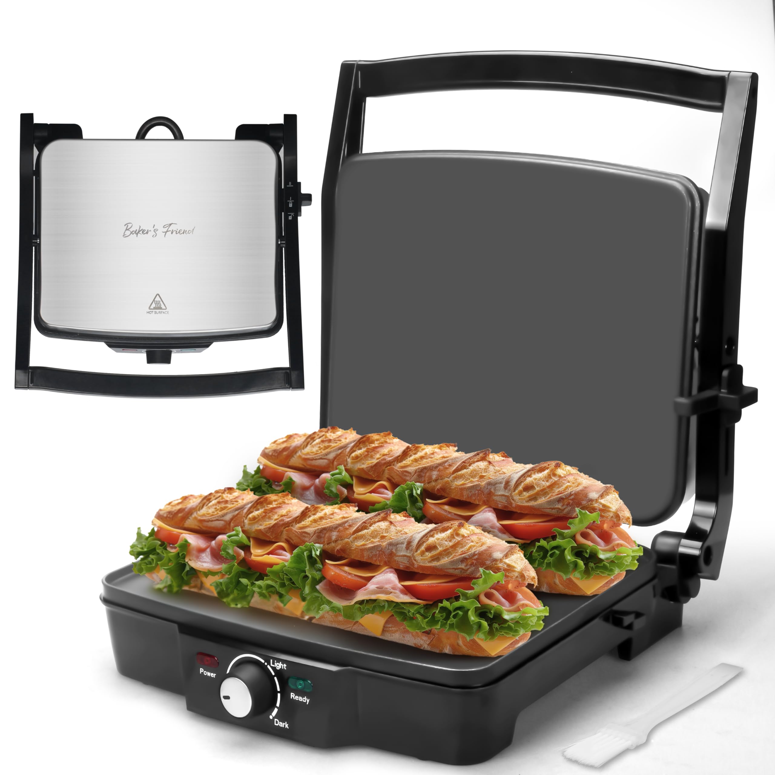 Panini Press Electric Griddle, Panini Grill Press Sandwich Maker Press, Grilled Cheese Maker, Sandwichera Electrical, Browning Control, Non Stick Surfaces, 4-Slices, Stainless Steel