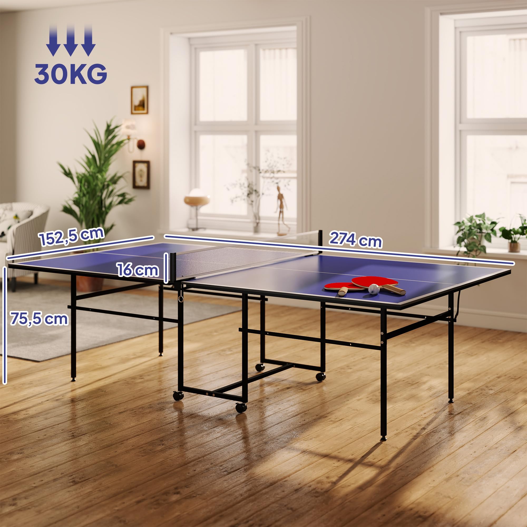 SPORTNOW Mesa de Ping-Pong Profesional Plegable con 4 Ruedas, Red, 2 Palas y 3 Pelotas 274x152,5x75,5 cm Azul