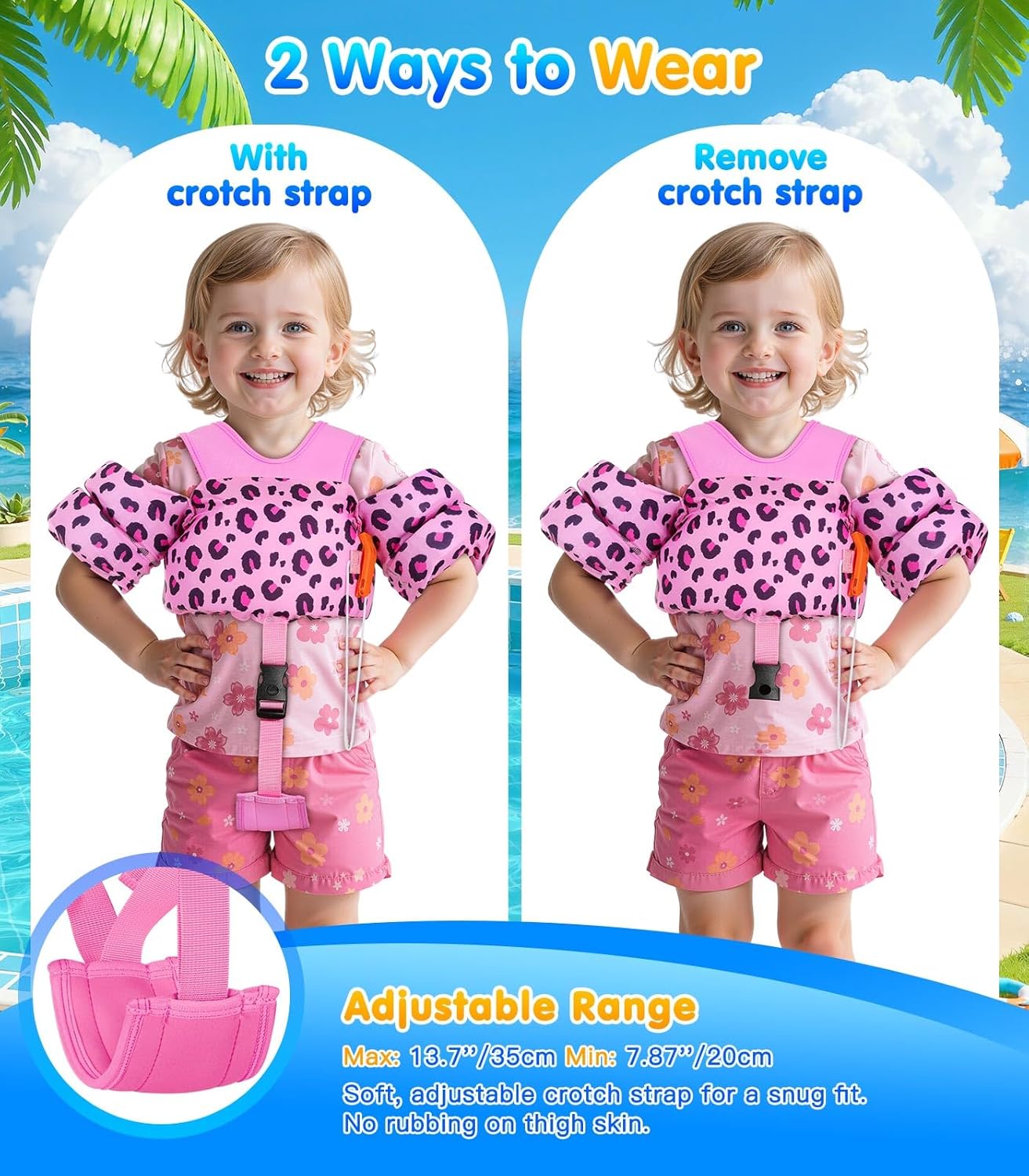 MoKo Toddler Swim Vest for 15-30-50-66 pounds, Boys Girls Swim Puddle Arm Floaties Cartoon Swimming Water Wings with Crotch Strap, Pool Floats Jacket Sleeves Shoulder Straps Arm Band for Toddler