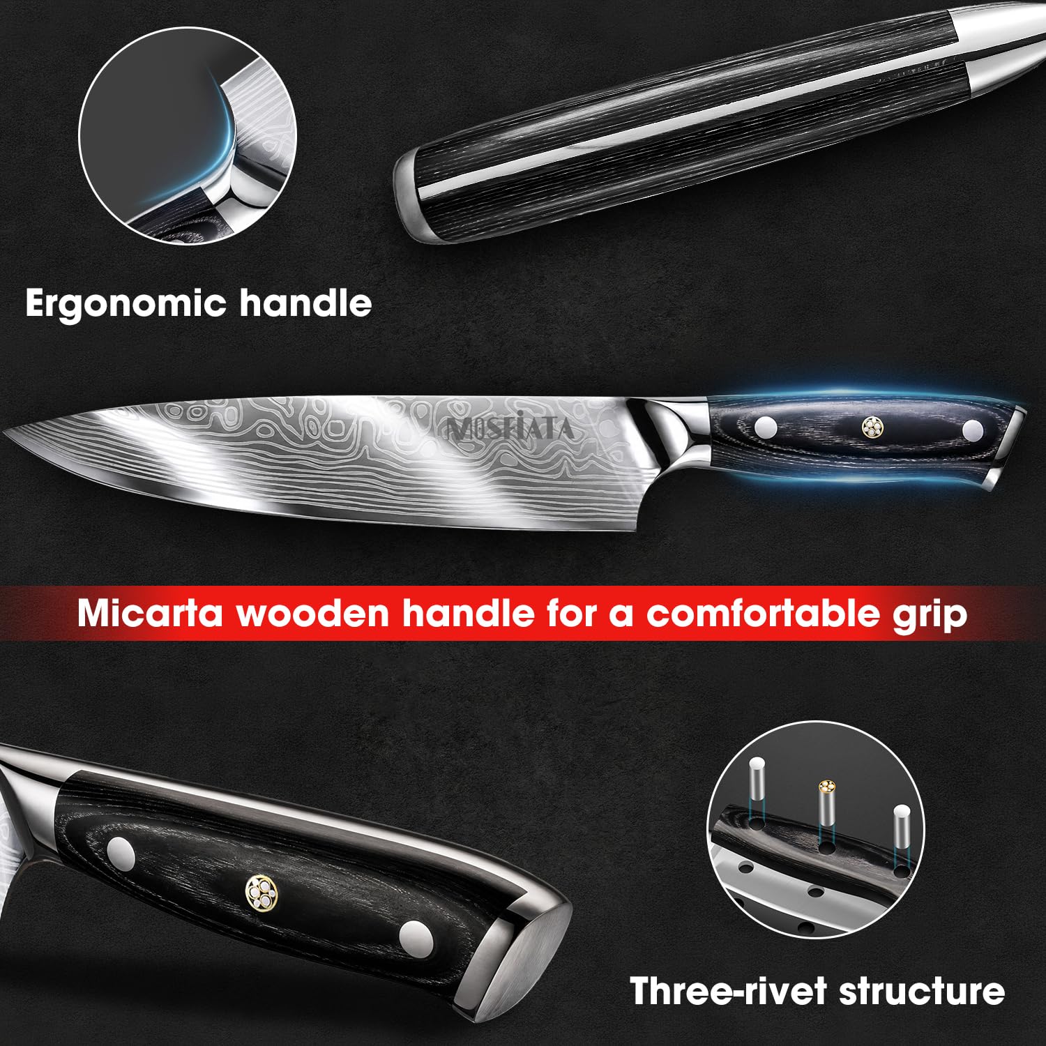 MOSFiATA 8" Super Sharp Professional Chef's Knife with Finger Guard and Knife Sharpener, German High Carbon Stainless Steel EN1.4116 with Micarta Handle and Gift Box — Amazon image 5