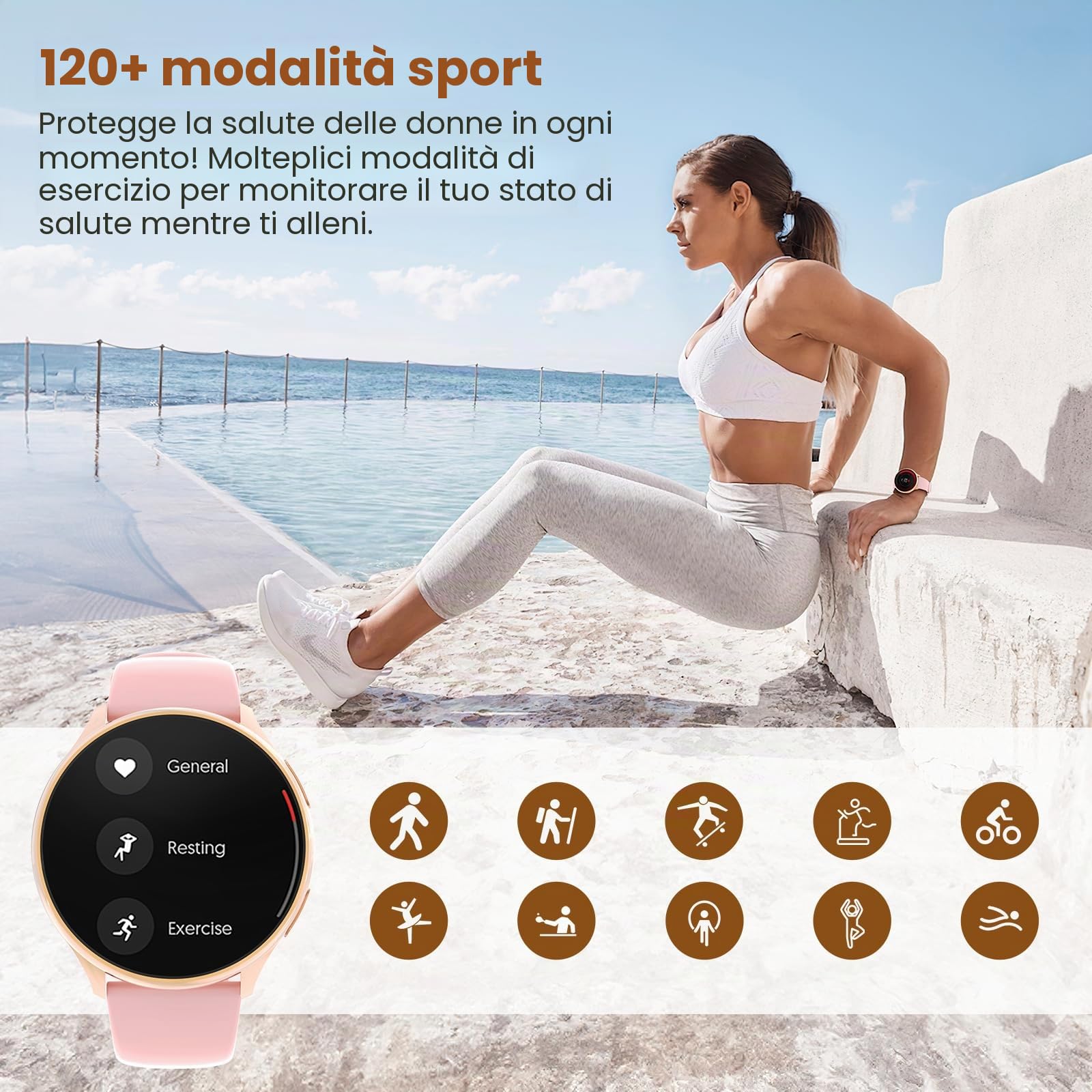 SLOKSFil Smartwatch donna con Bluetooth Chiamate, 1,39" Orologio donna rotondo SpO2/24H Cardiofrequenzimetro/Pressione Sanguigna/Sonno Contapassi 100+ Modalità Sportive per iOS Android (Oro rosa nero)