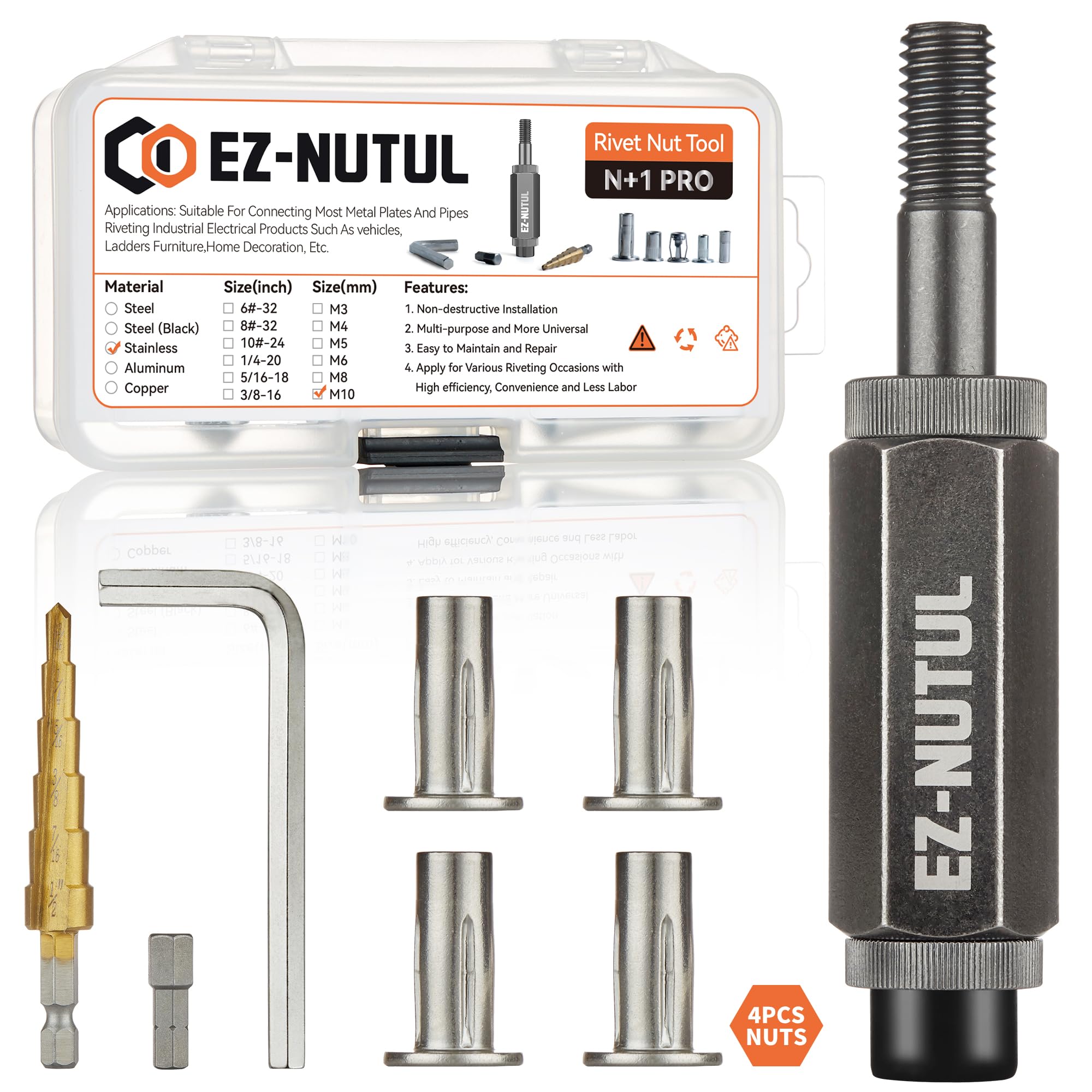 Multi-Grip Rivet Nut Installation Tool Set Pre-Bulbed Shank Flat Head Threaded Insert Nut Plus Nuts Assortment Kit Cross Rivnut for Construction Industrial (M10(Plus Nut Tool-4pcs, Stainless))