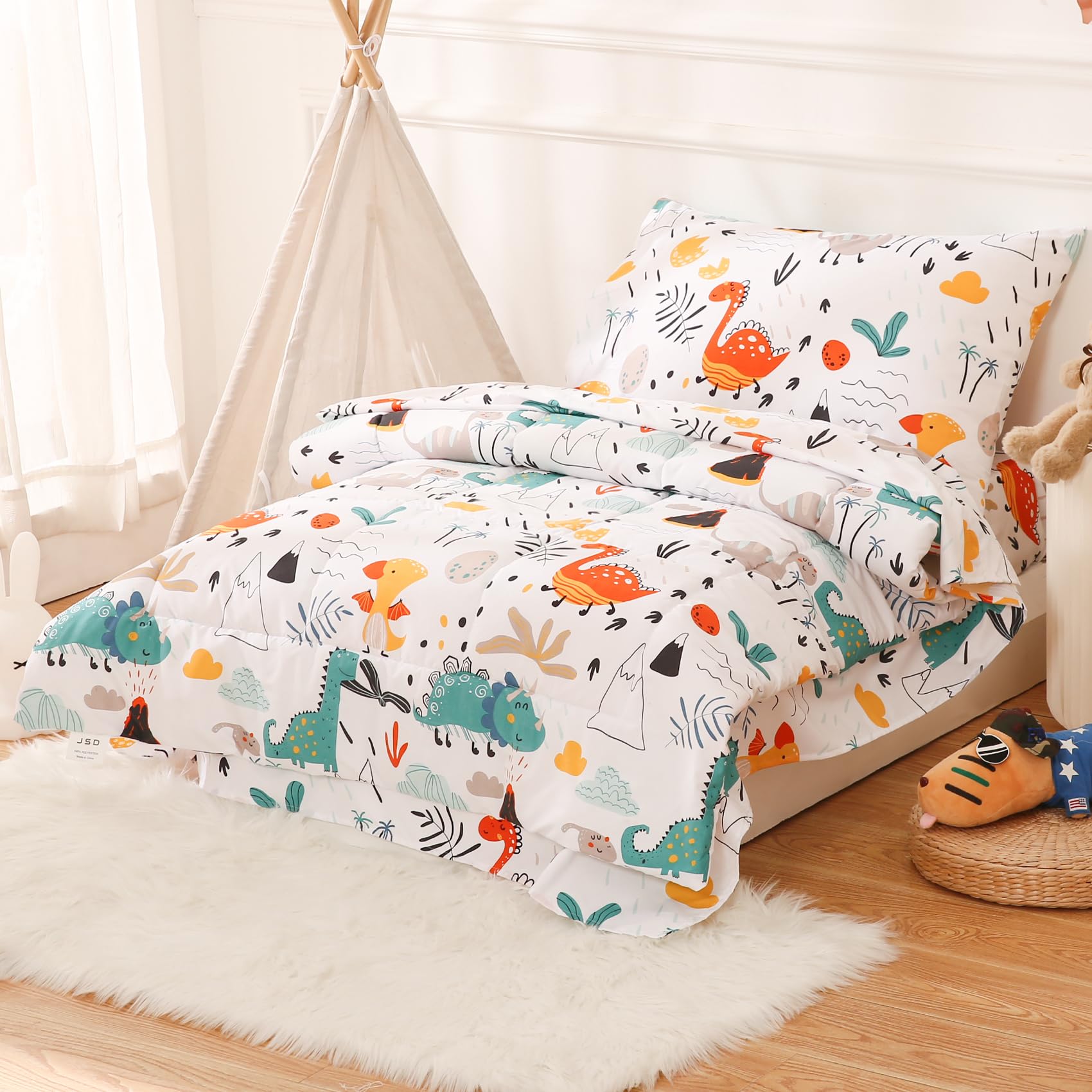 JSD Juego de ropa de cama de 4 piezas para niños pequeños, juego de edredón de microfibra estampado para niñas y niños, incluye sábana encimera, sábana bajera, edredón acolchado y funda de almohada | Juego de edredón de 4 piezas Bed-in-a-Bag, de microfibr